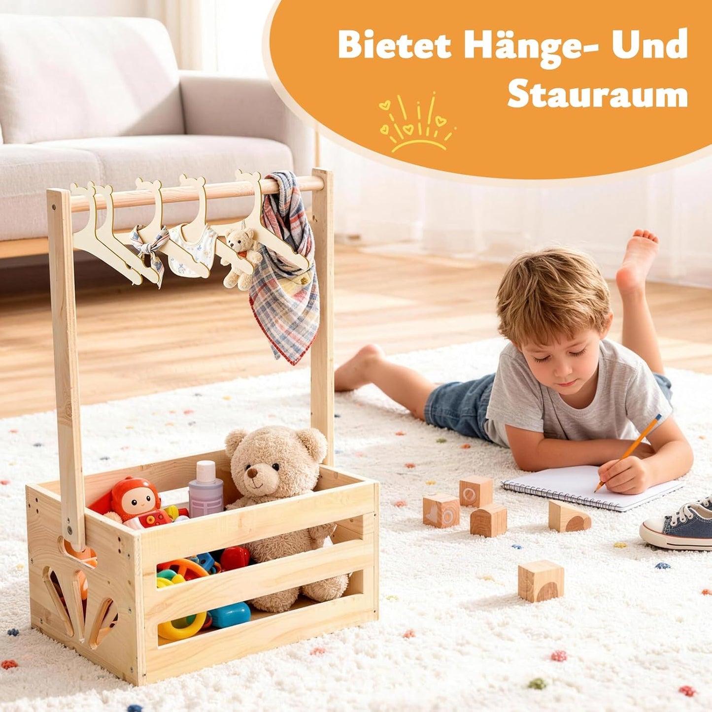 Baby-Geschenkkorb mit Kleiderstange, Kleiderbügel & Girlande