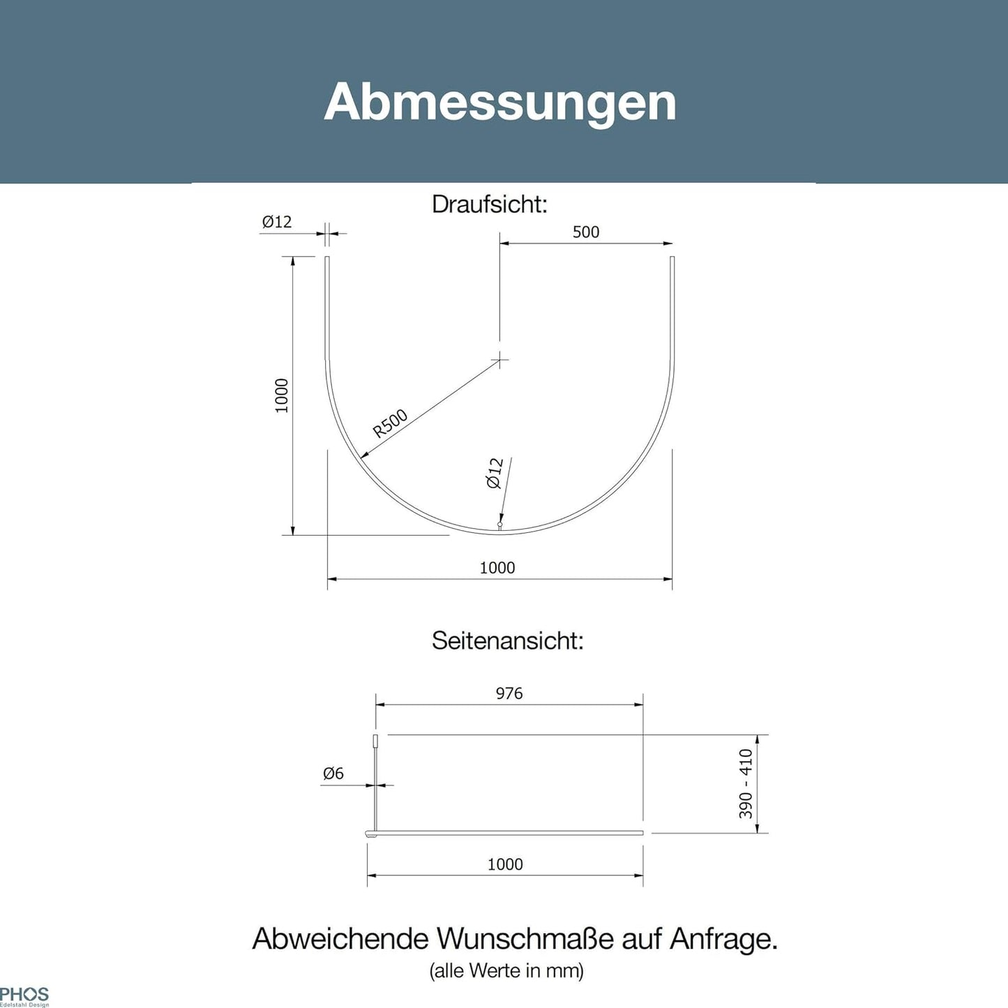 Halbkreis Duschvorhangstange DR500HD1000, Breite 100 cm, Tiefe 100 cm, Höhe 40 cm
