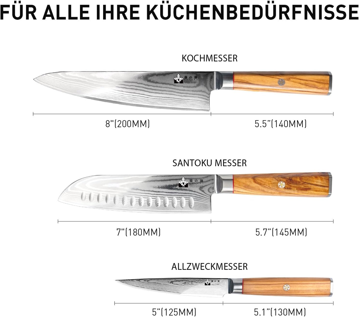 3-teiliges Damastmesser Set, Damastmesser Set