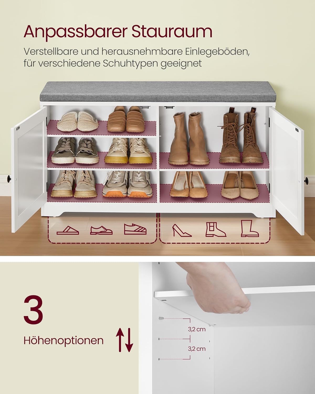 Schuhbank mit Stauraum und höhenverstellbaren Ablagen, 100H cm