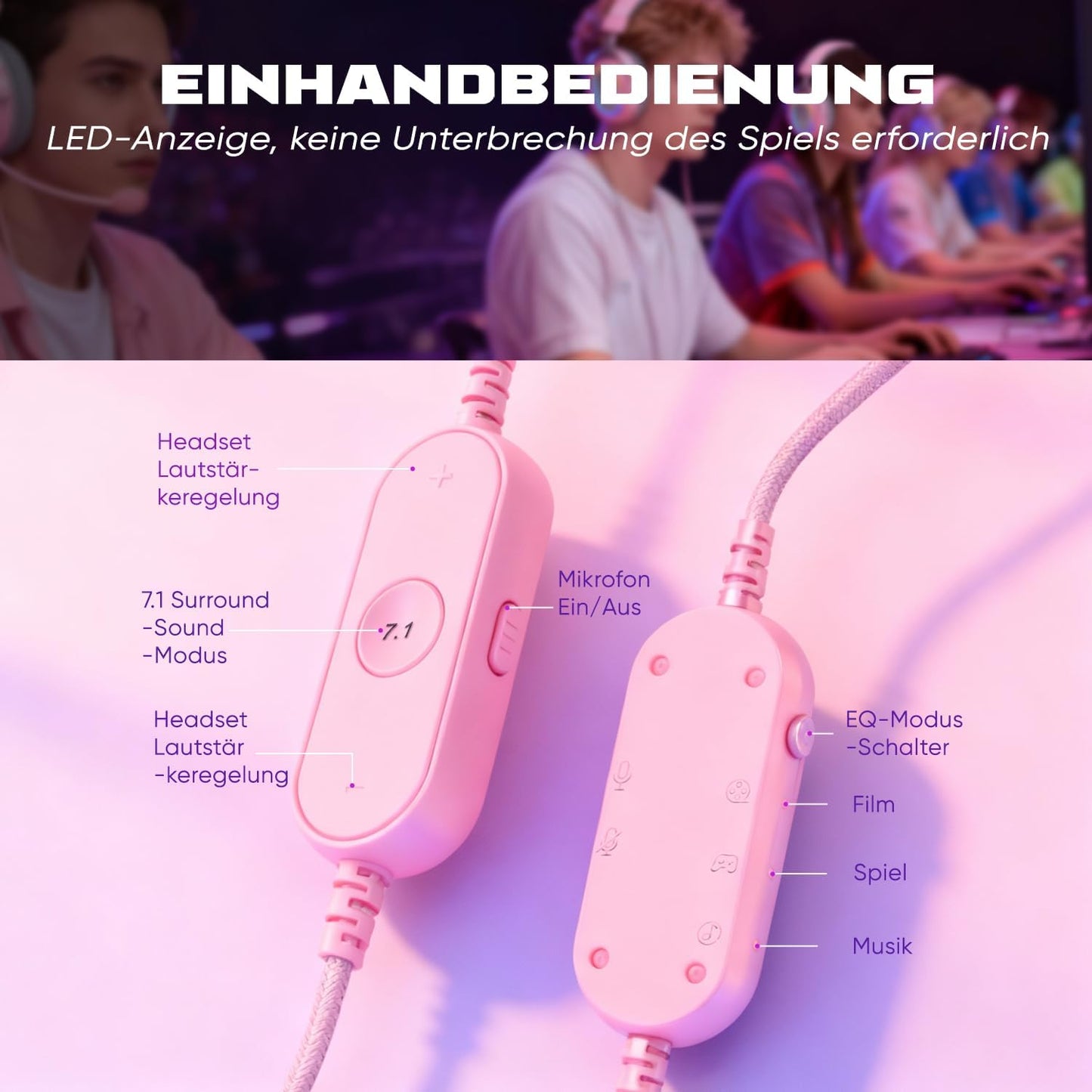Gaming Headset mit Mikrofon, new pink