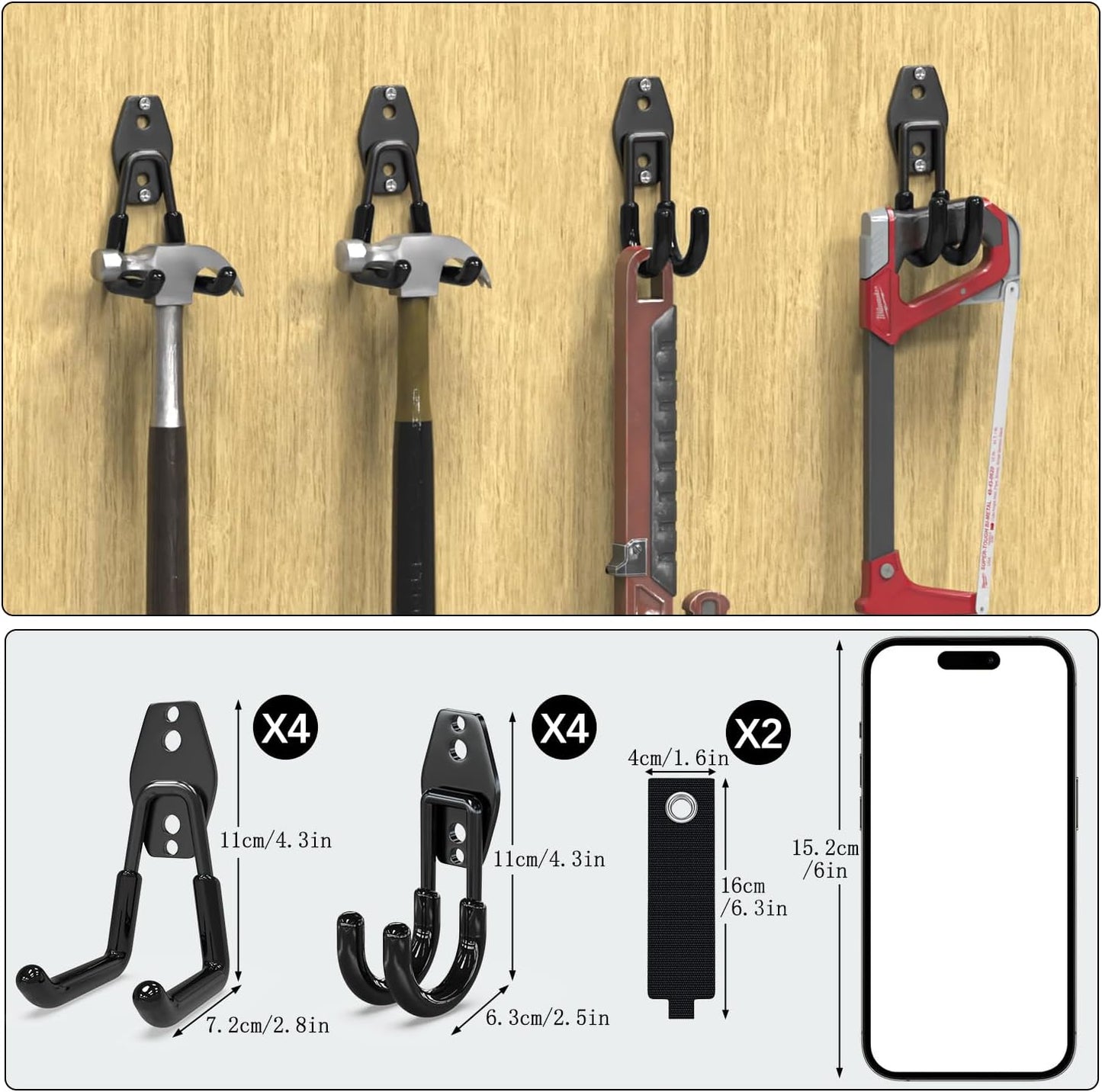 Schwerlast Garagenhaken-Set 10 Stück, Schwarz 4SJ-4SU