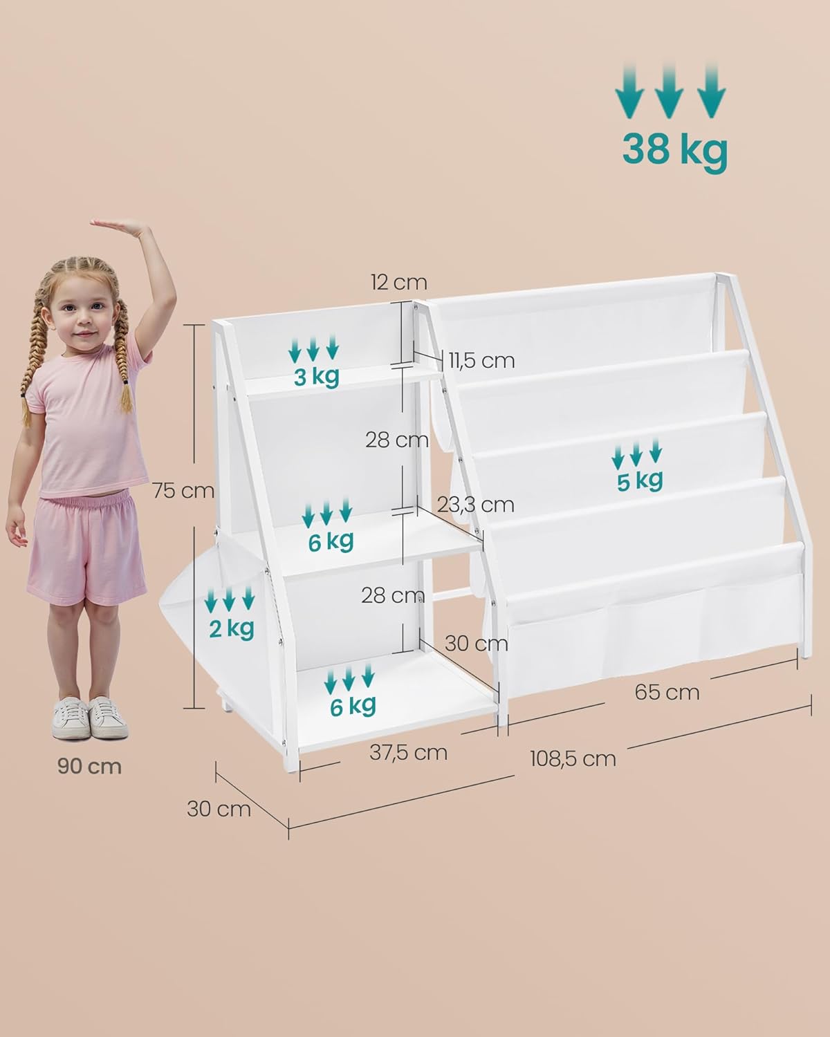 Bücher- und Spielzeugregal mit Seitentasche, 75 cm hoch