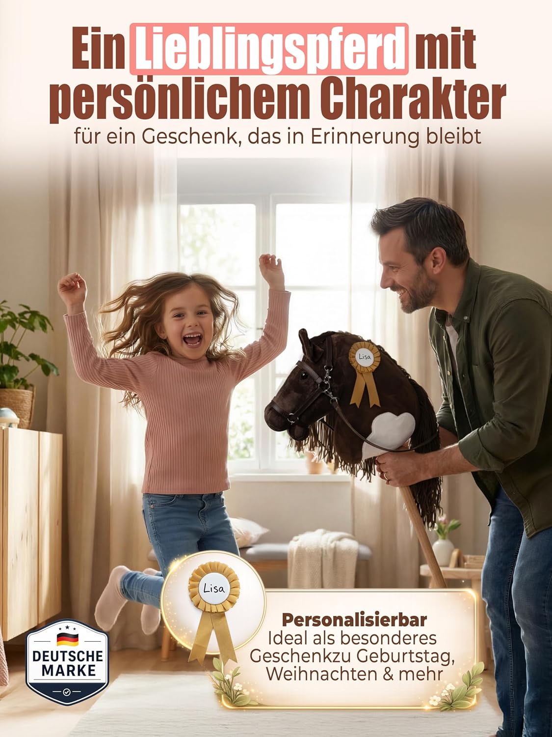 Handgefertigtes Steckenpferd mit verstellbarem Gurt & Turnierschleife, Braun & Weiss
