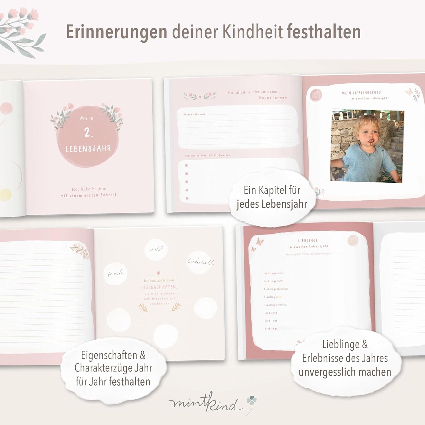 "Meine Kindheit" Erinnerungsalbum für die ersten 10 Jahre, mit Stickerset, Blumen