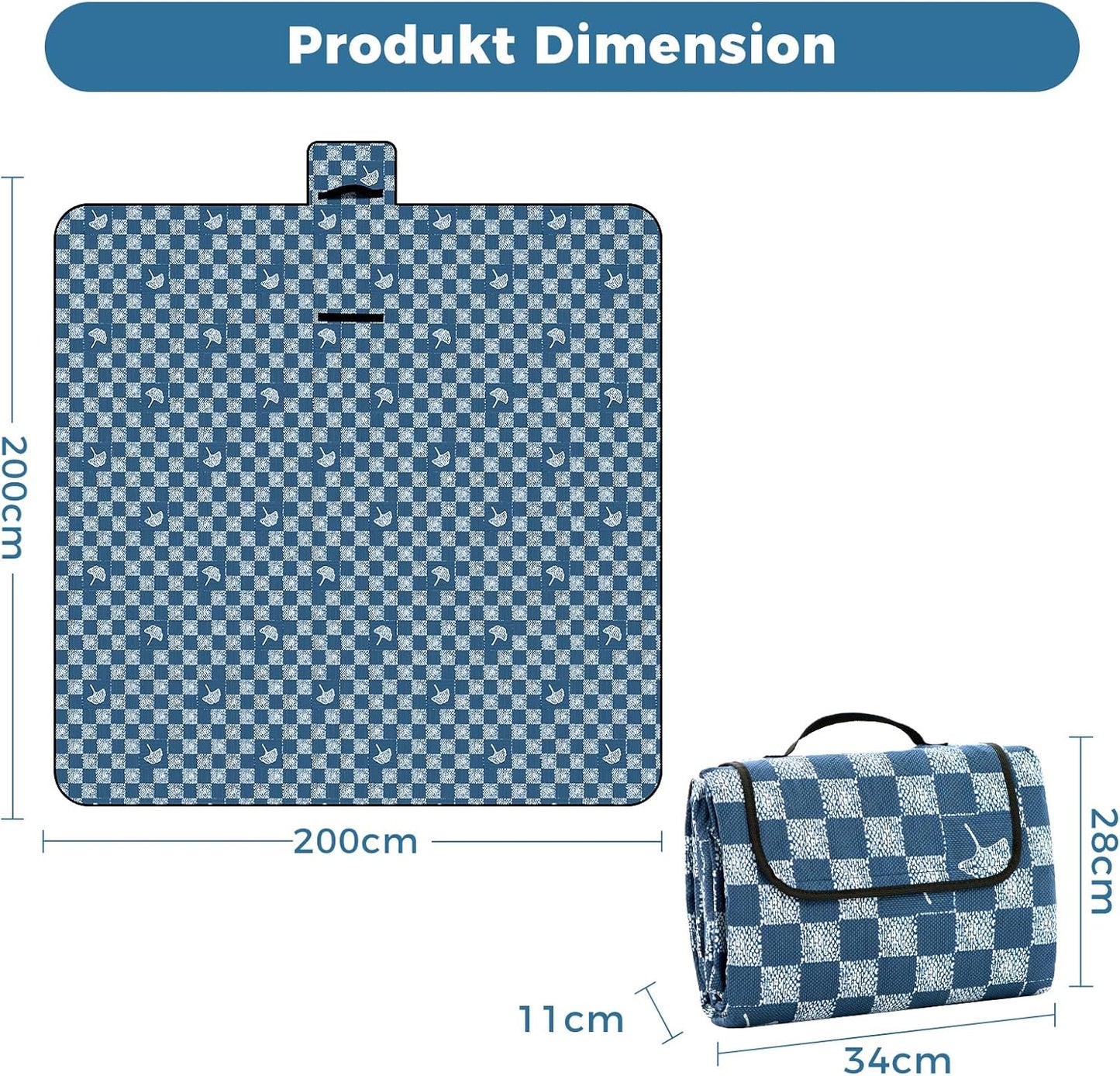 Faltbare Outdoor-Picknickdecke, 200 x 200 cm (Rechteckig) Jeansblau