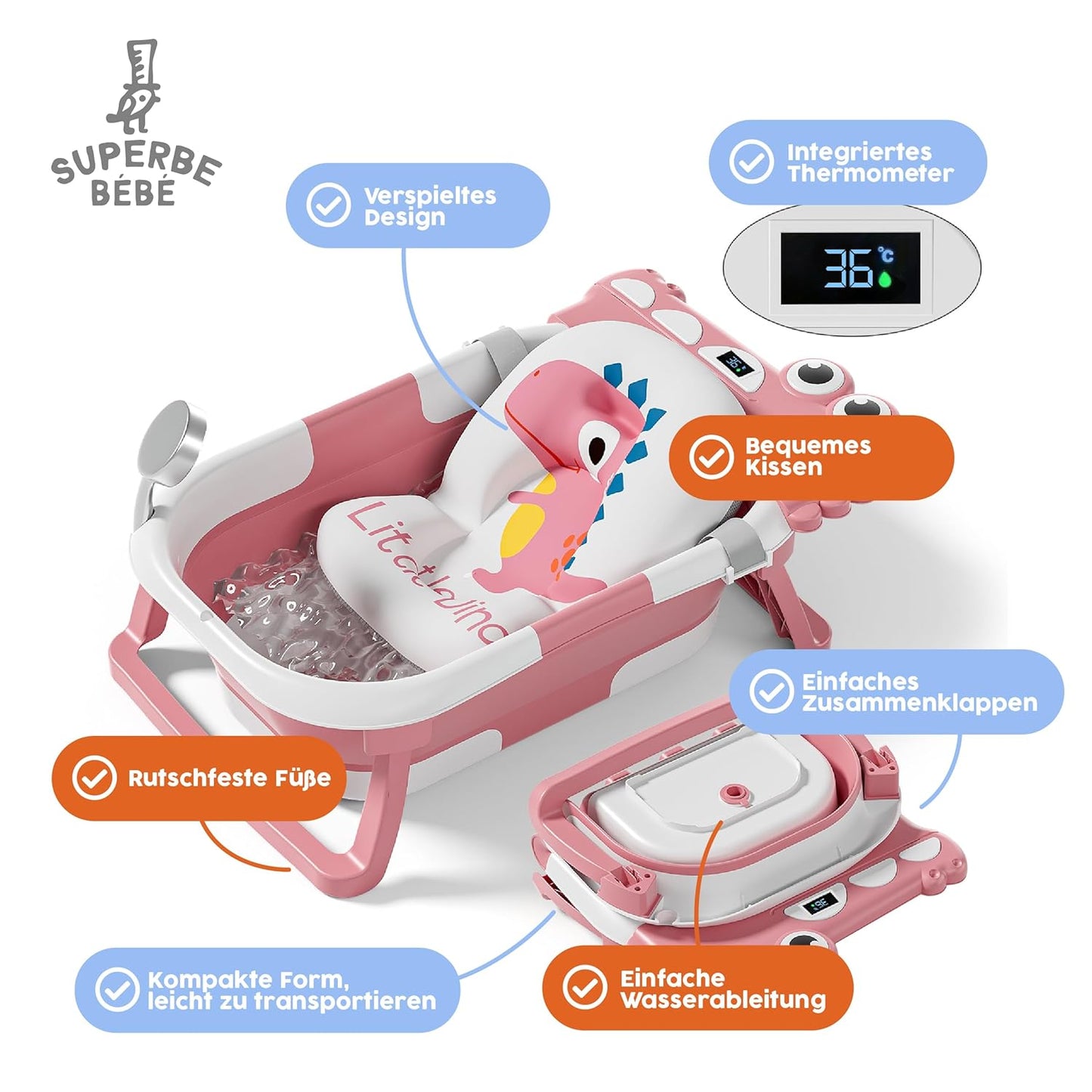 Faltbare Babybadewanne mit Rutschschutz & Thermometer, 2 x faltbar ROSA