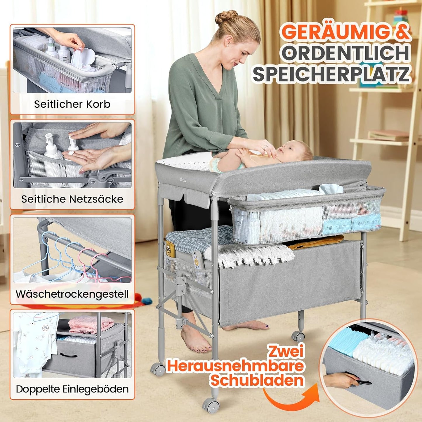 Höhenverstellbarer Baby-Wickeltisch mit Schubladen, Grau mit Schubladen
