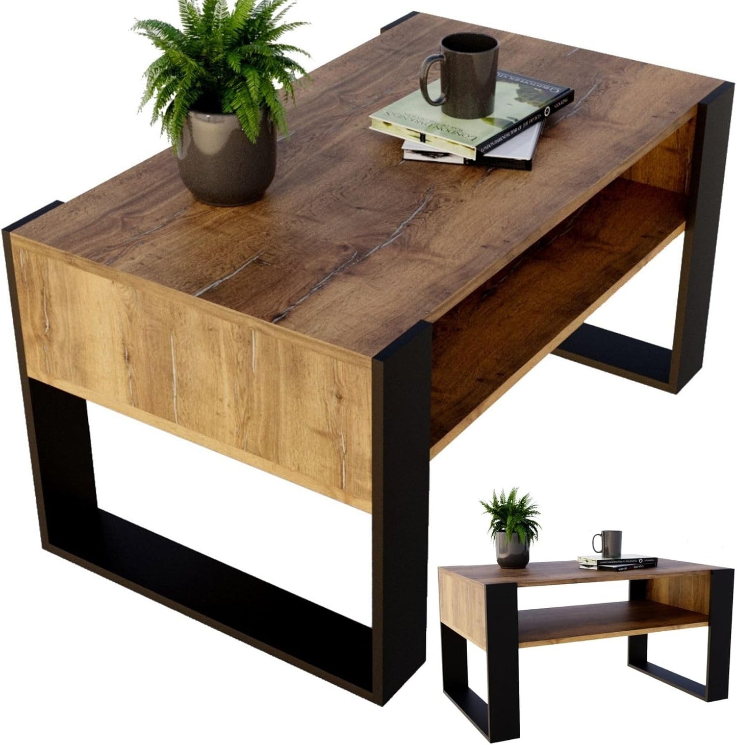 Moderner Couchtisch Karo 92 mit Staufach, Retro-schwarz