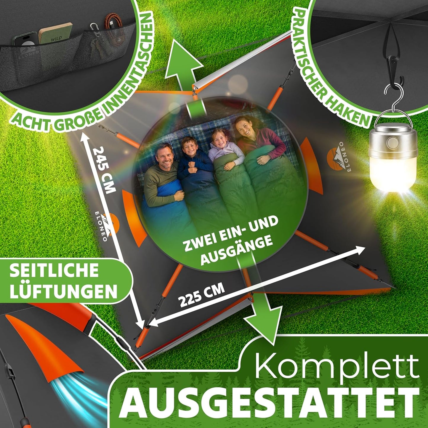 Zelt für 2-4 Personen, Anthrazit