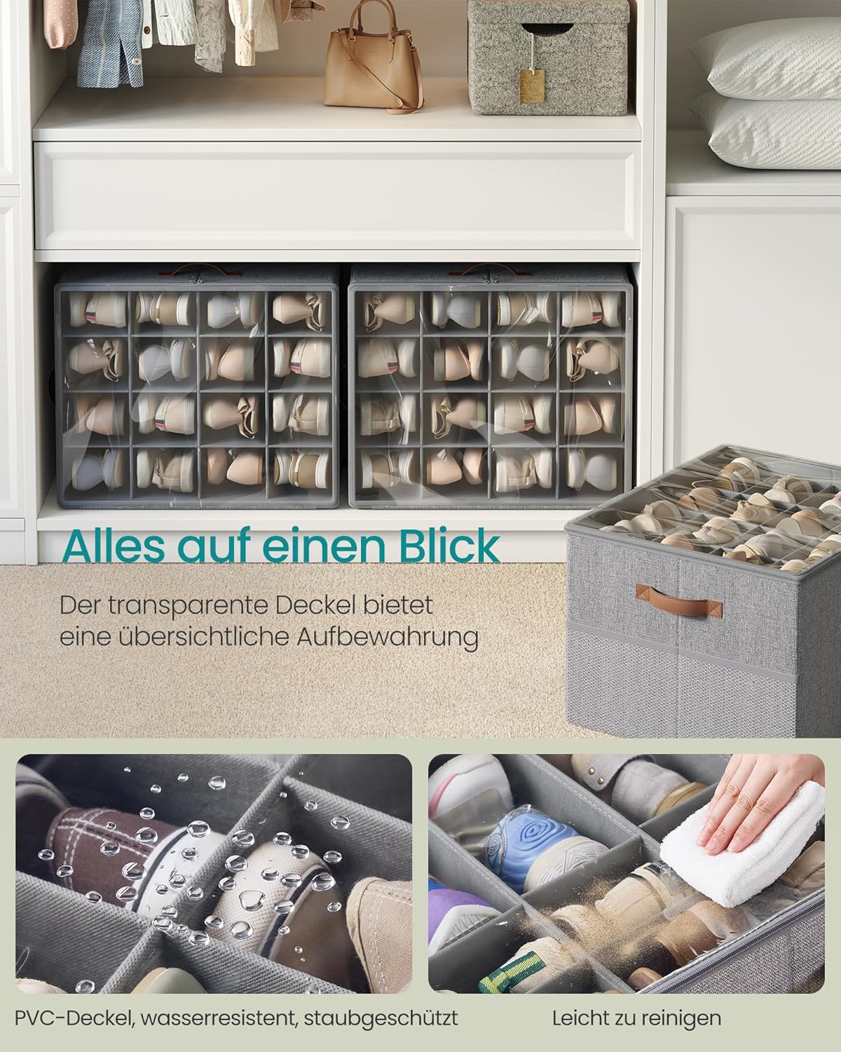Schuh-Organizer für 16 Paar mit transparentem Deckel, Taubengrau