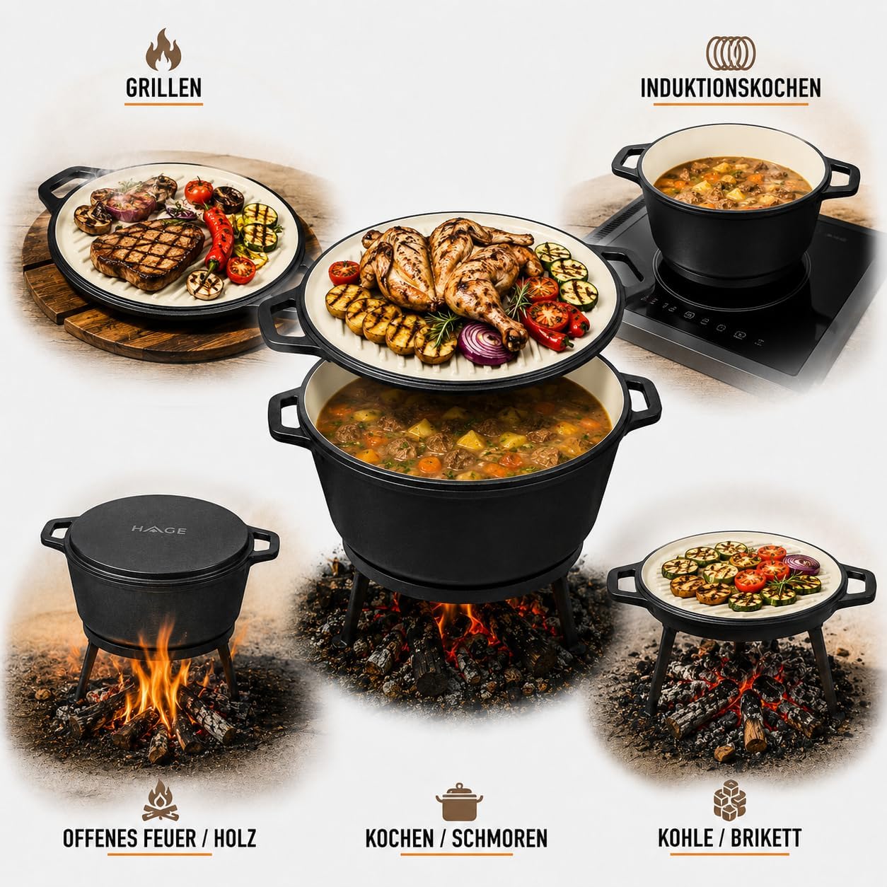 Kessel mit Grillpfanne und Dreibein, 8L