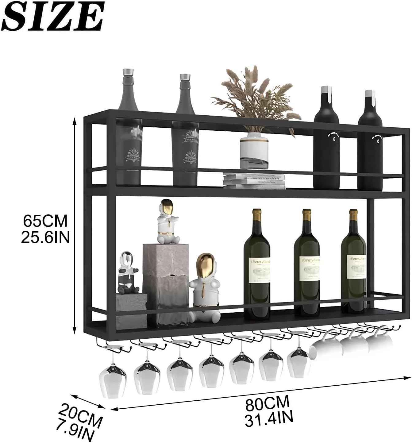 Wand-Weinregal mit Glashalter, 80×20×65cm