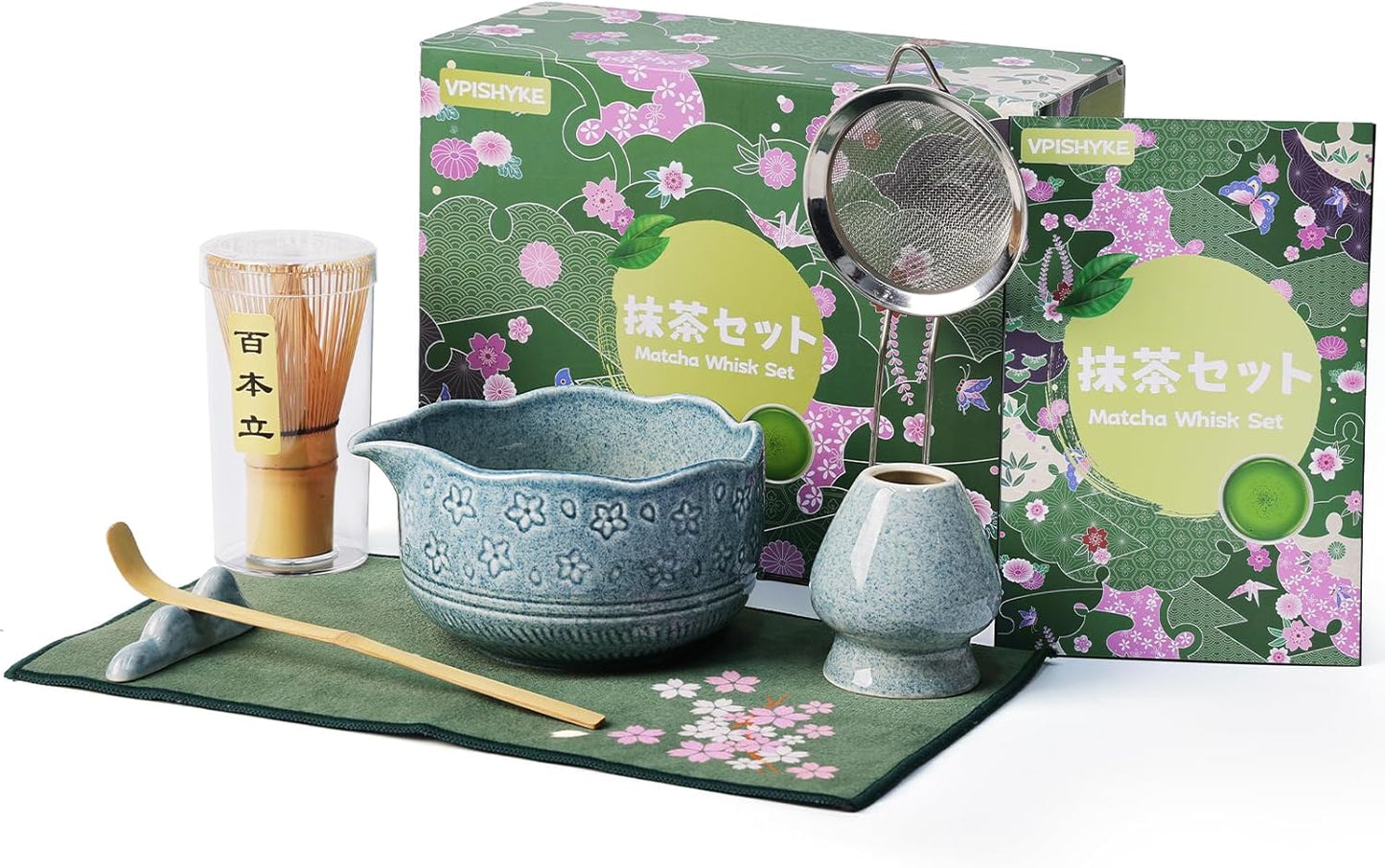 7-teiliges Matcha Tee-Set mit Bambusbesen & Zubehör, Dunkelblau