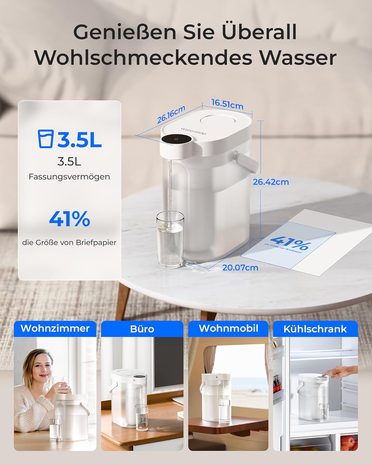 Elektrischer Wasserfilterkrug 3,5L mit Kalkfilter, Hochwertiges Wasserenthärter