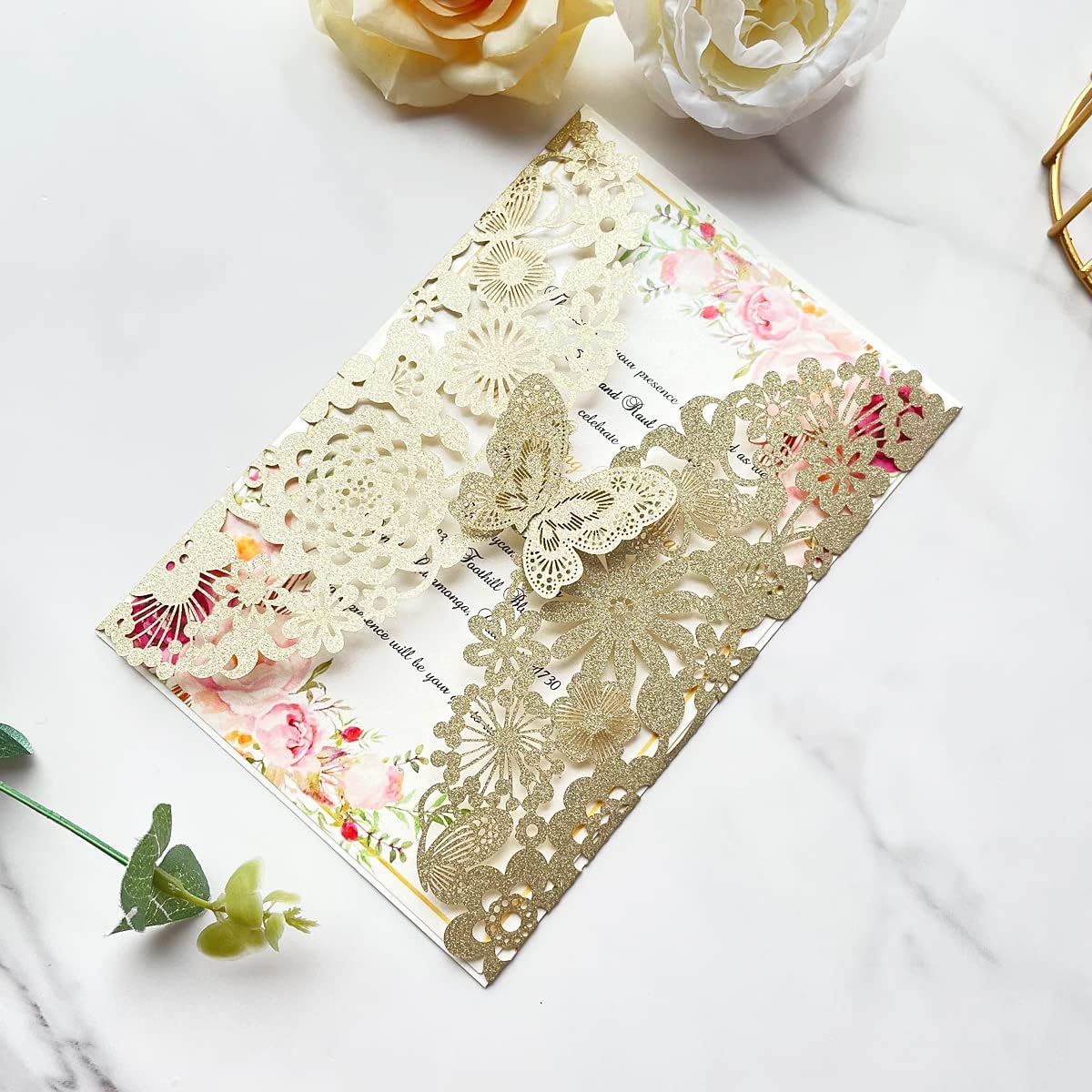 Blanko-Glitzer-Hochzeitseinladungen-Set (20 Stück), 20 Stück Leeres Papier Champagner Gold Glitzer