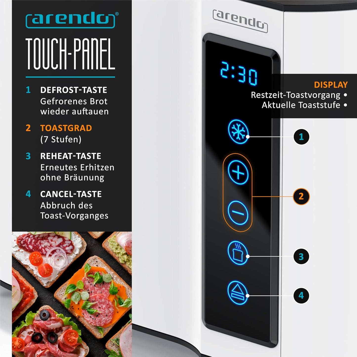 Touch Toaster mit Display und Brotscheibenzentrierung, B: Weiß