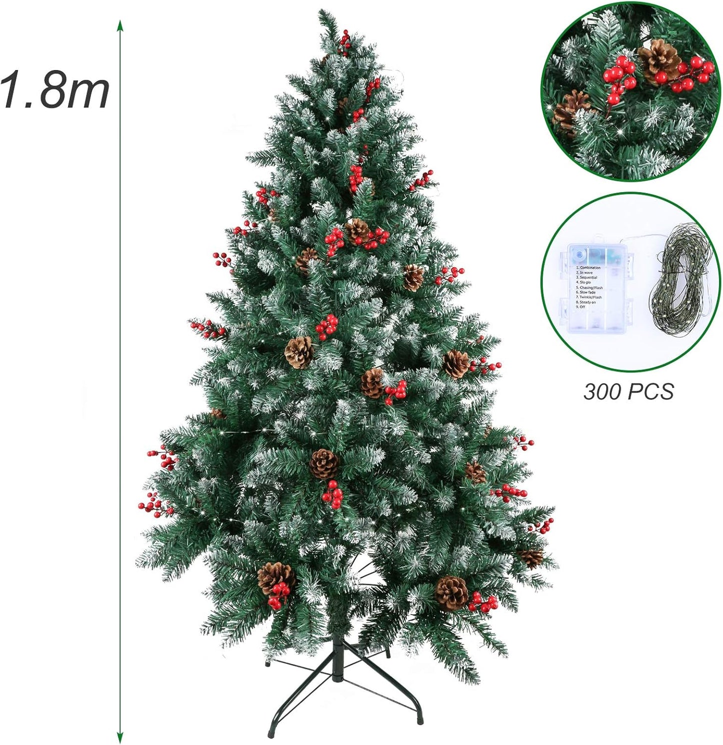 Künstlicher Weihnachtsbaum mit Lichterkette, 180 cm Grün - 720 Spitzen