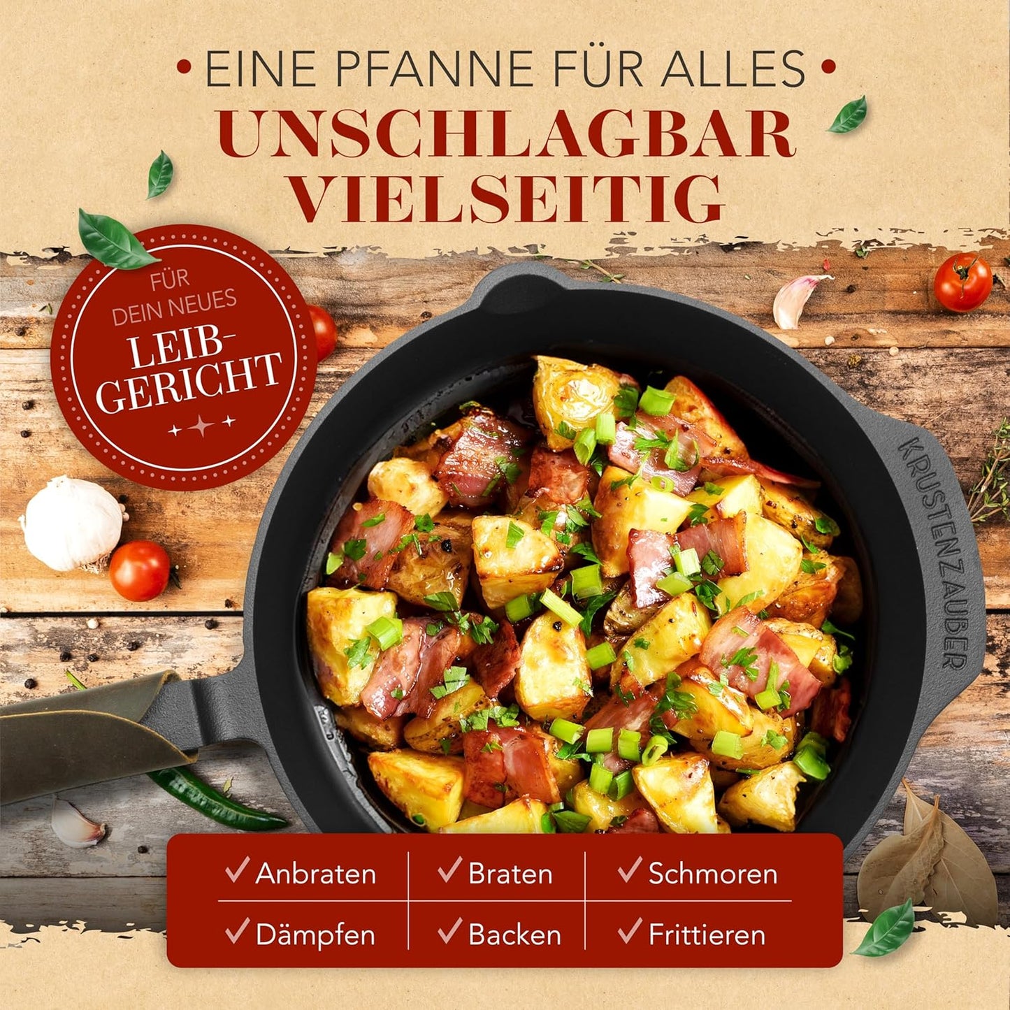 Gusseisenpfanne 28cm mit Deckel & Wender, 28cm Geschliffene Pfanne + Deckel + Wender