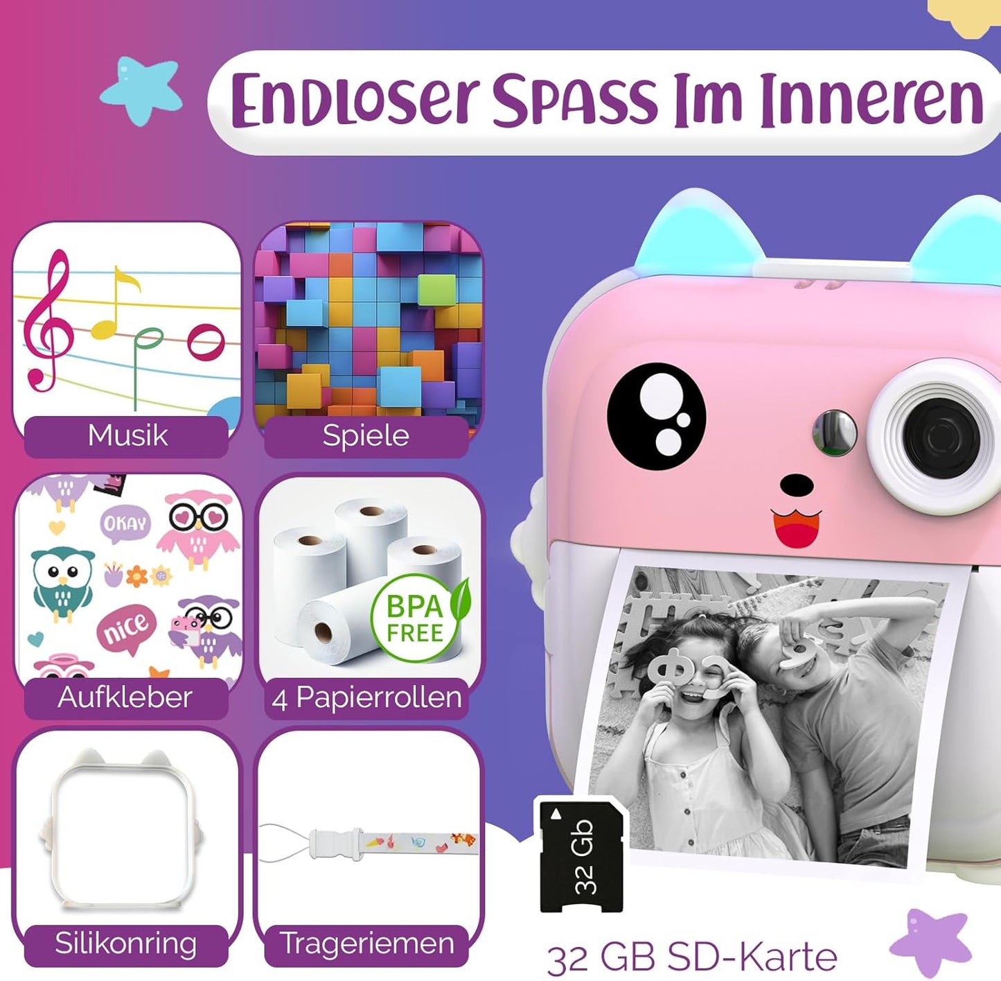 Sofortbildkamera für Kinder, Rosa