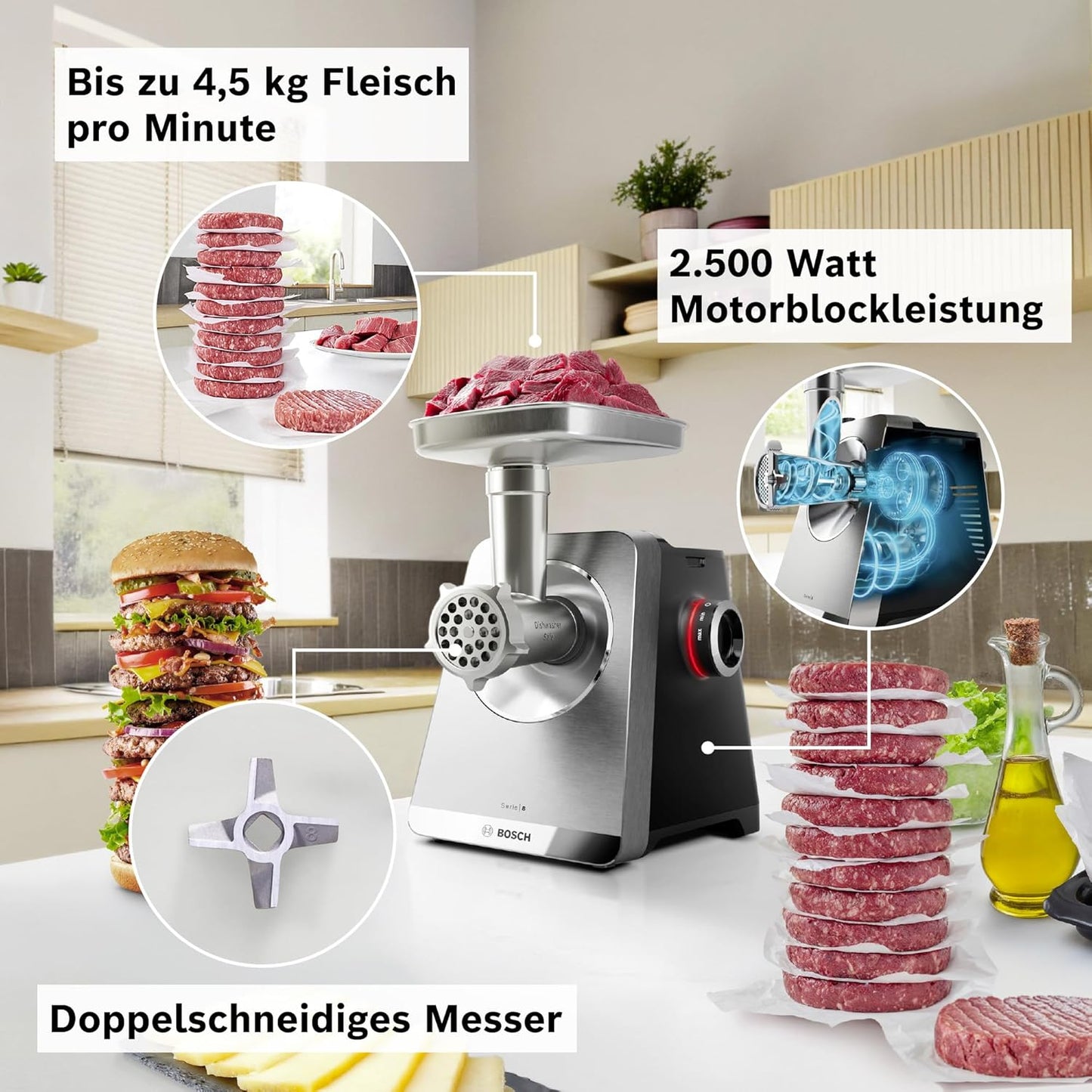 Fleischwolf Serie 8 mit Kebbe- & Wurst-Aufsatz