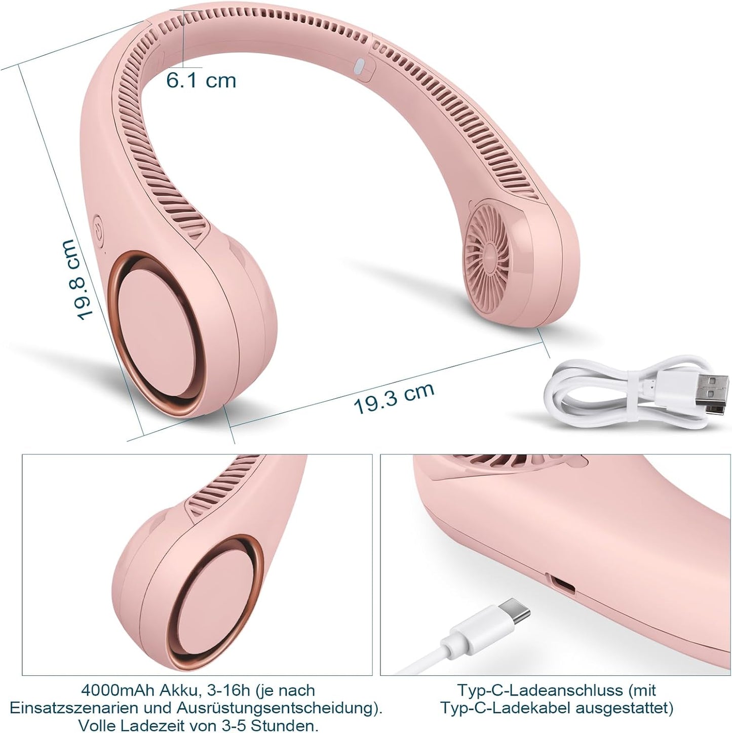 Halsventilator, blattlos, USB-betrieben, Pink