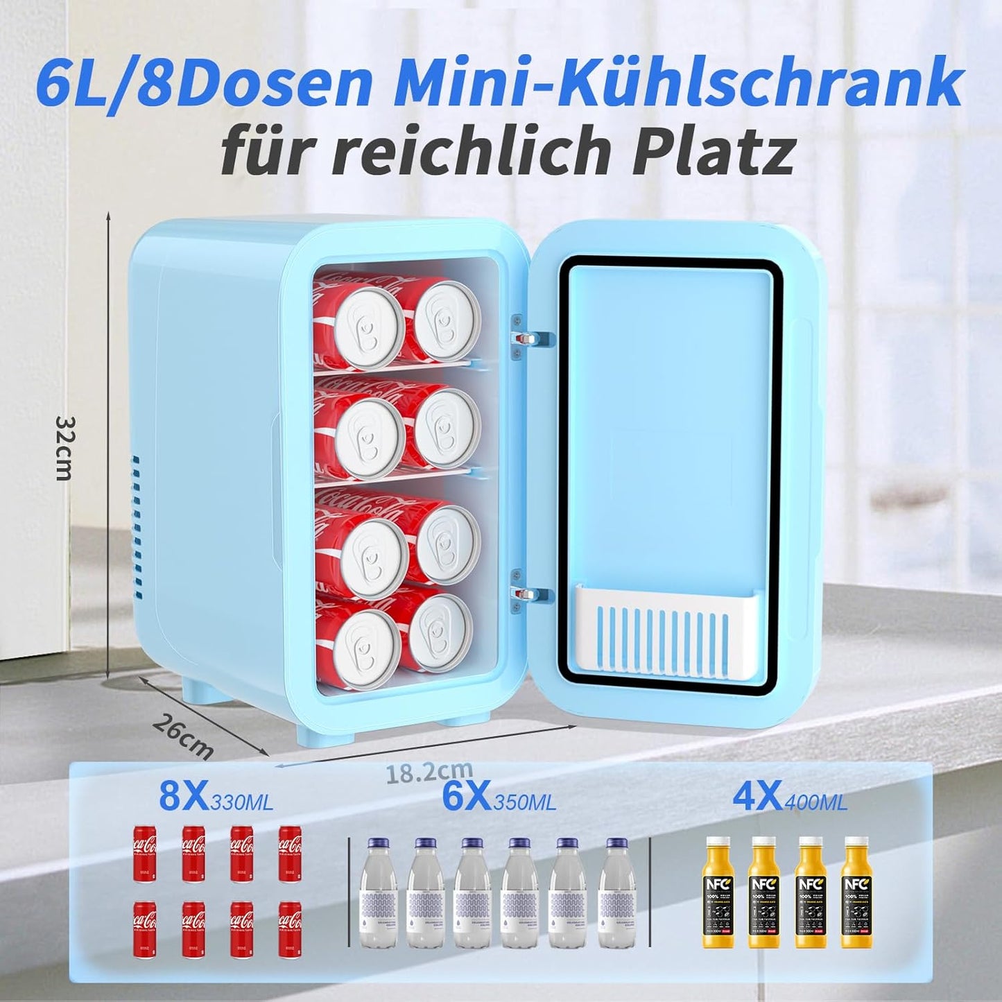 Mini-Kühlschrank 6L/8 Dosen, tragbar, thermoelektrisch, Blau