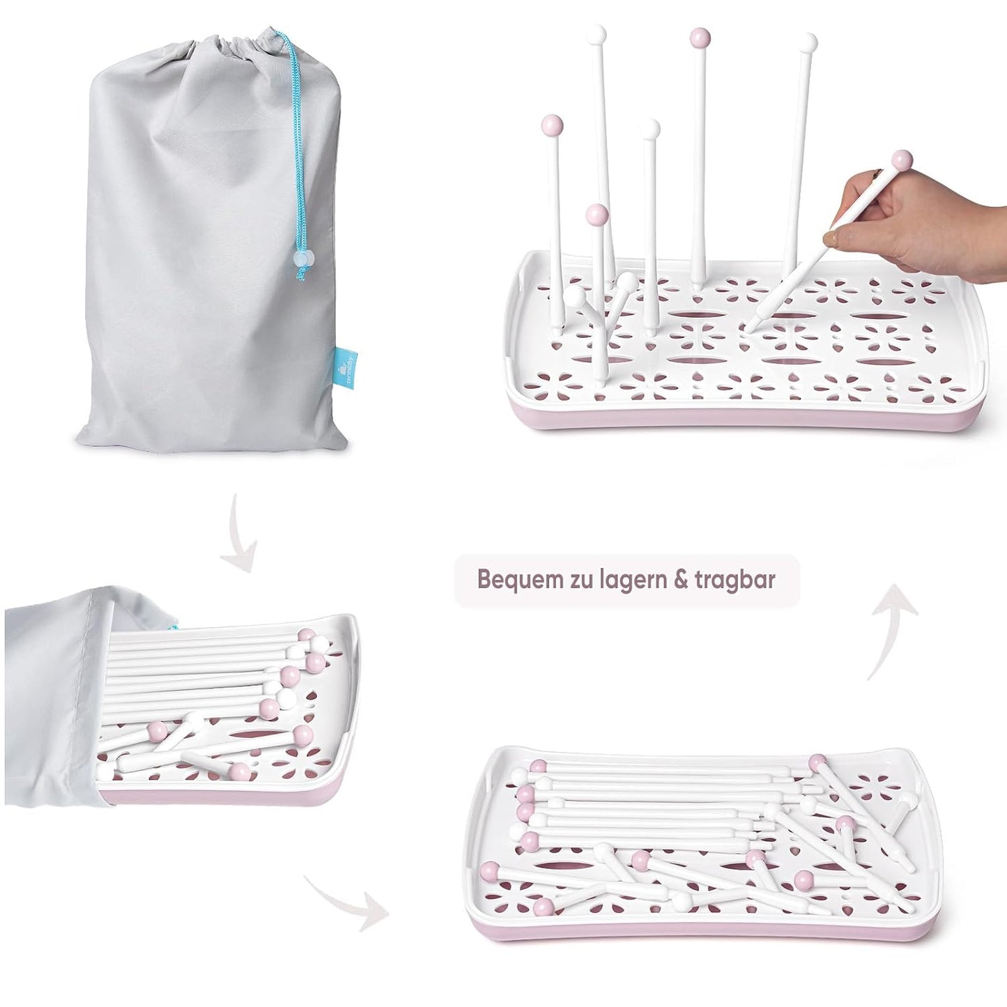Trockenständer für Babyflaschen mit Abtropfschale, Rosa