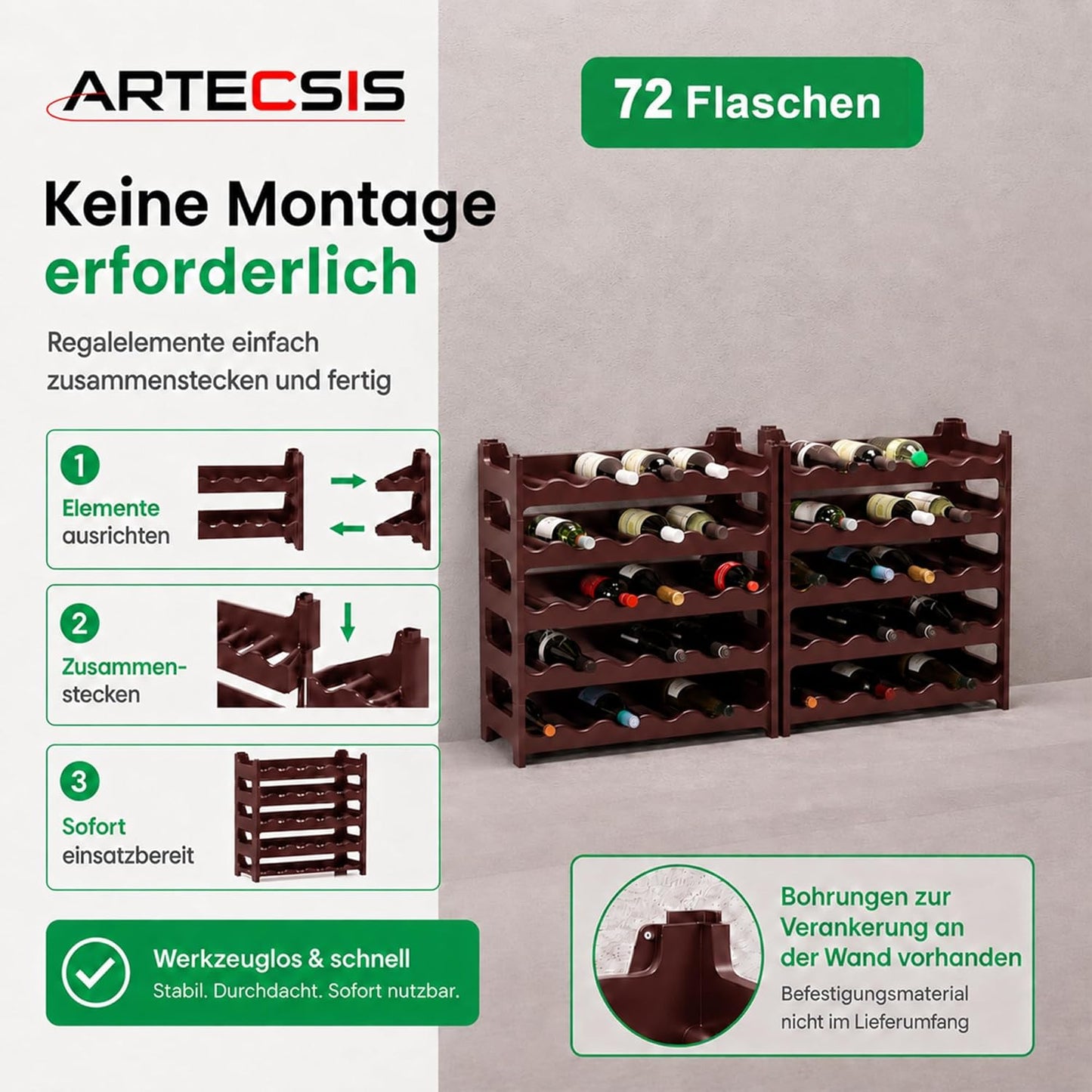 Stapelbares Weinregal, Braun 72 Flaschen