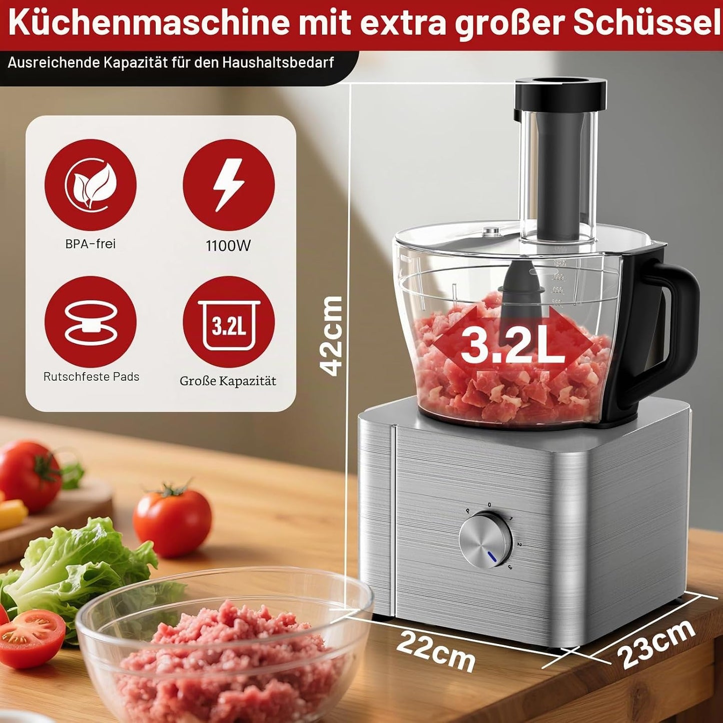 Multifunktionale Küchenmaschine mit Zubehör, Silber