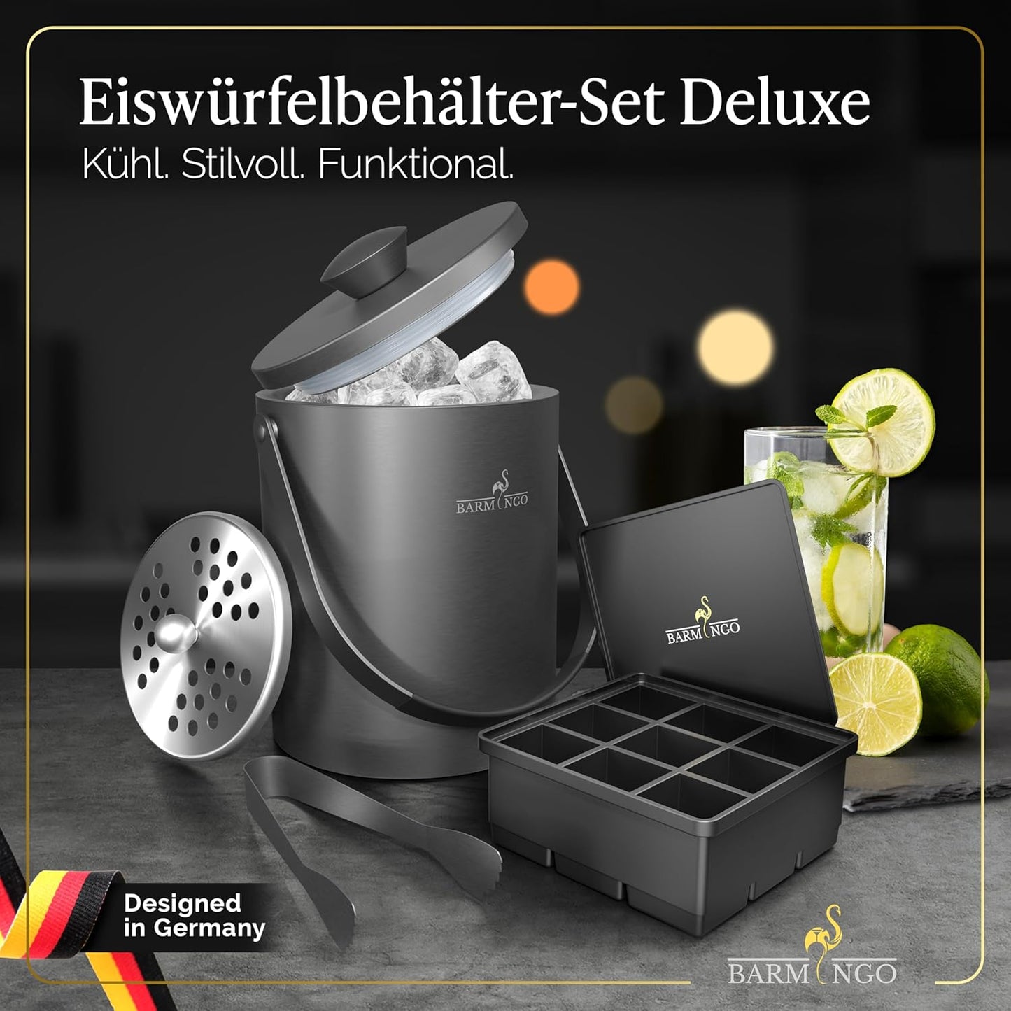 Eiswürfelbehälter mit Deckel, 2000 ml Metallic-Schwarz