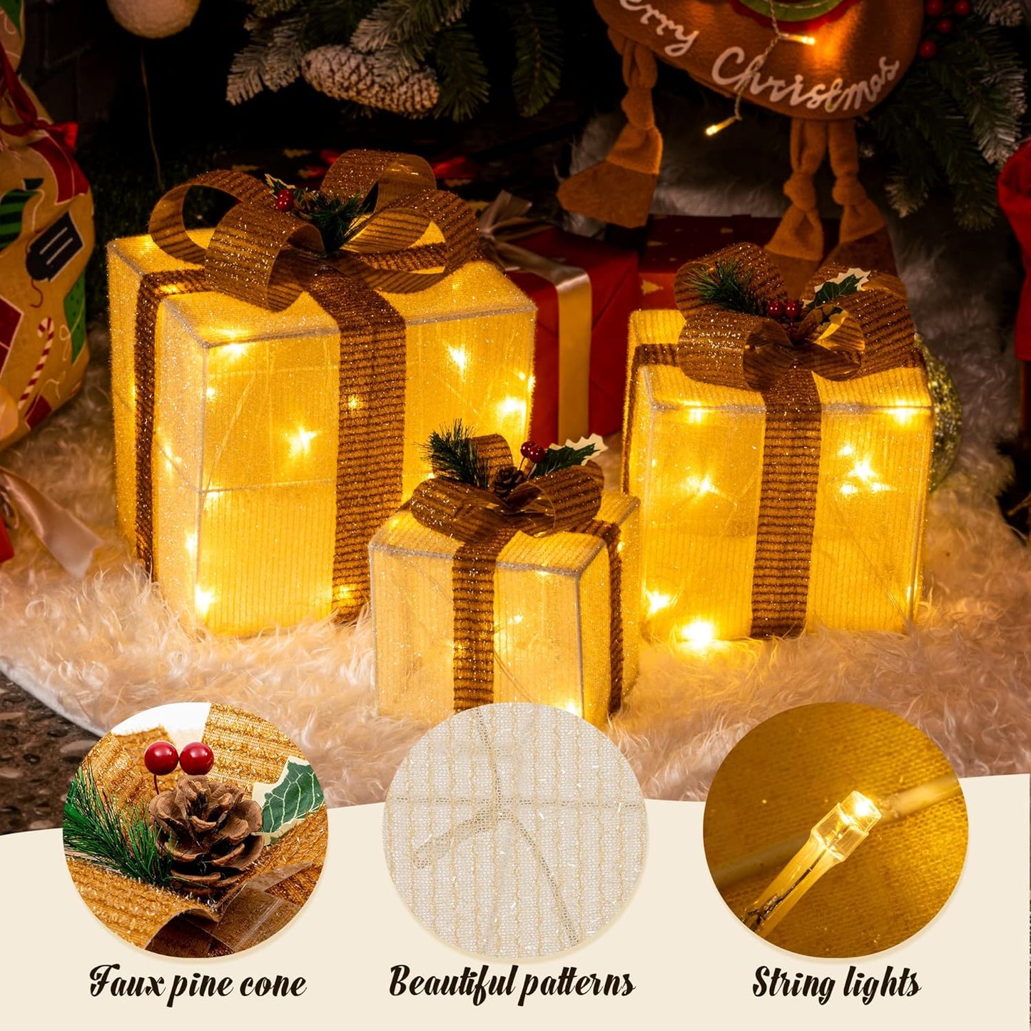 3er-Set LED-Weihnachts-Geschenkboxen, Golden