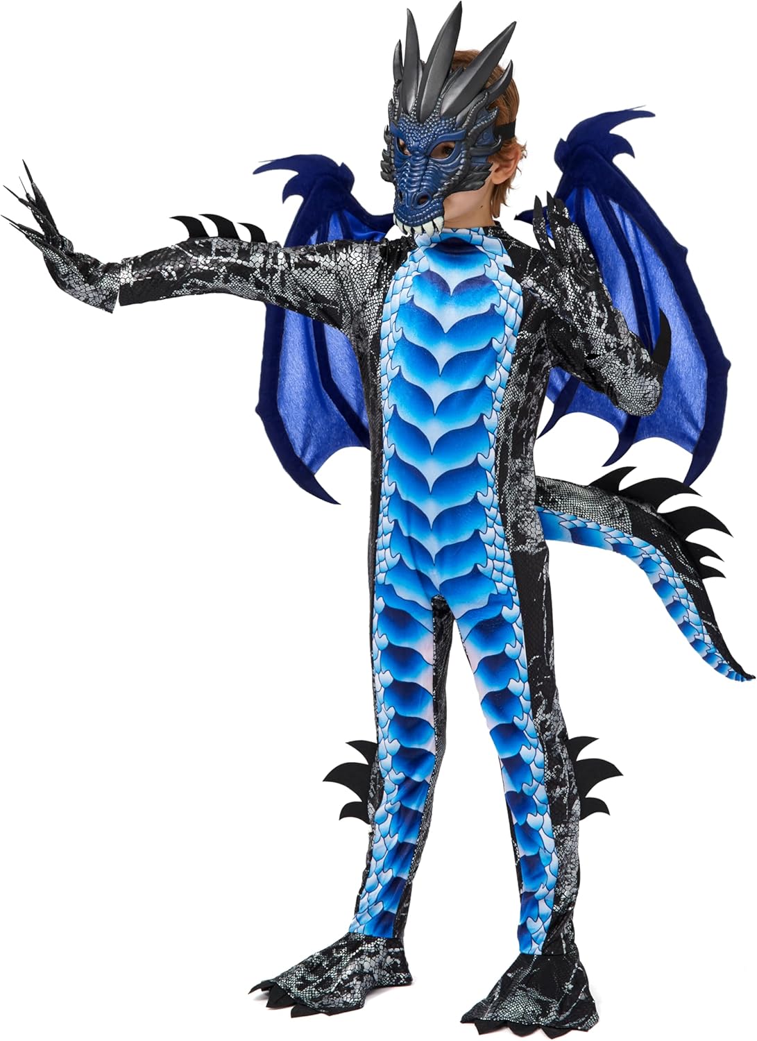 Drachenkostüm, Large (10 - 12 yrs ) Blau (Farbe)