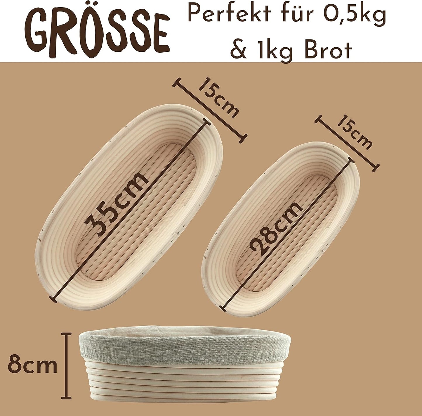 2er-Set Gärkorb mit Teigschaber, Set Oval (28 + 35 cm)