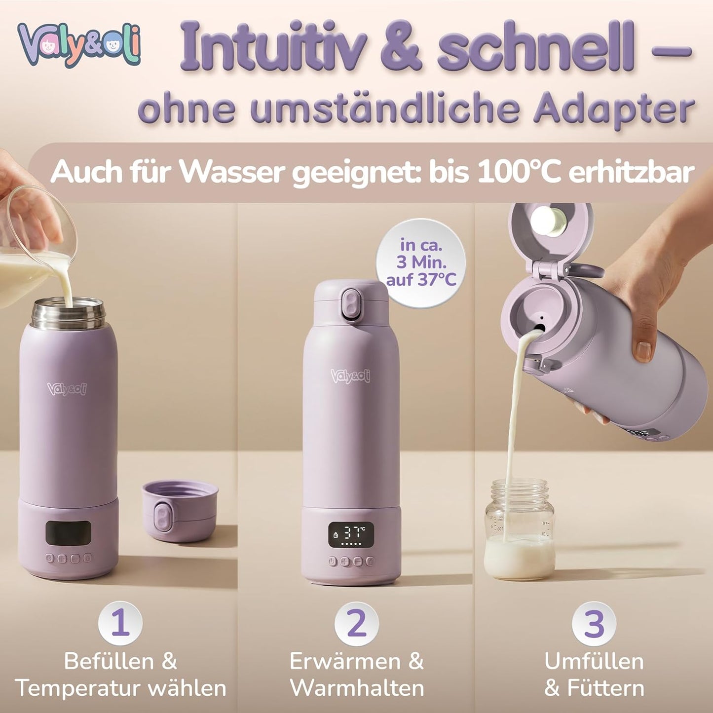 Tragbarer Babyflaschenwärmer mit Akku 16.000mAh, Lavendel-Lila