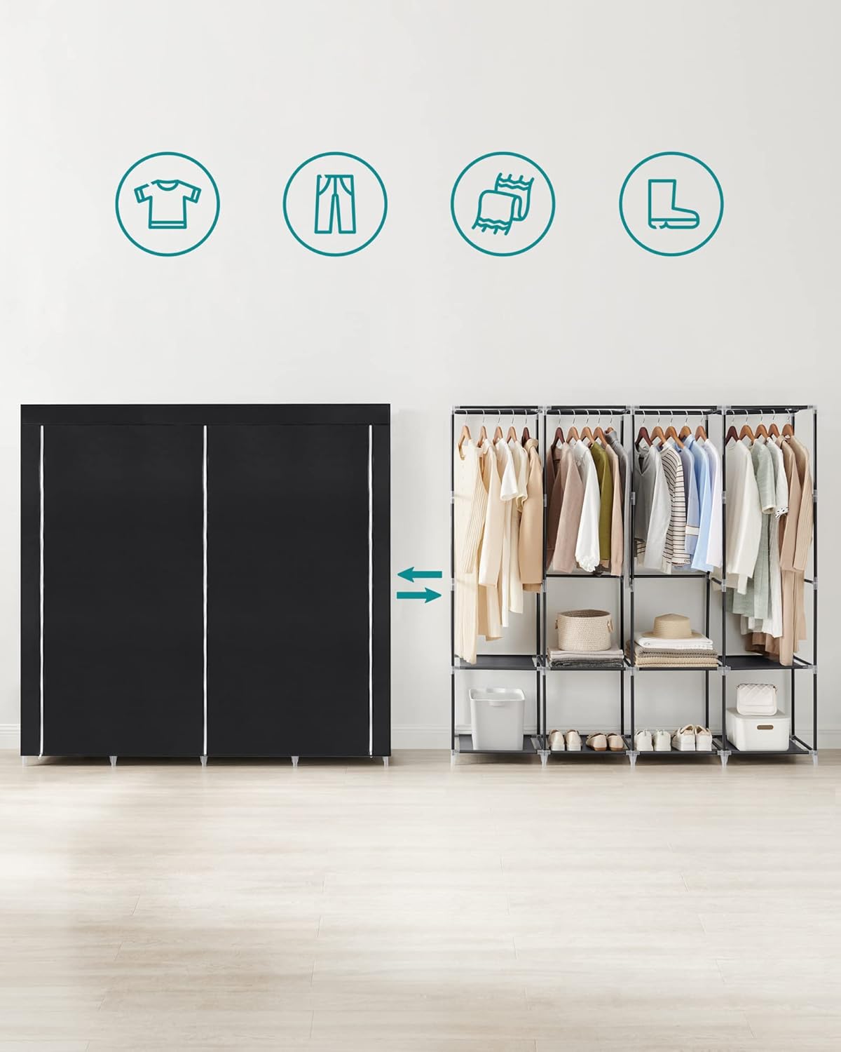 Stoffschrank mit 4 Hängefächern und Ablagen, 45 x 170 x 167 cm Schwarz
