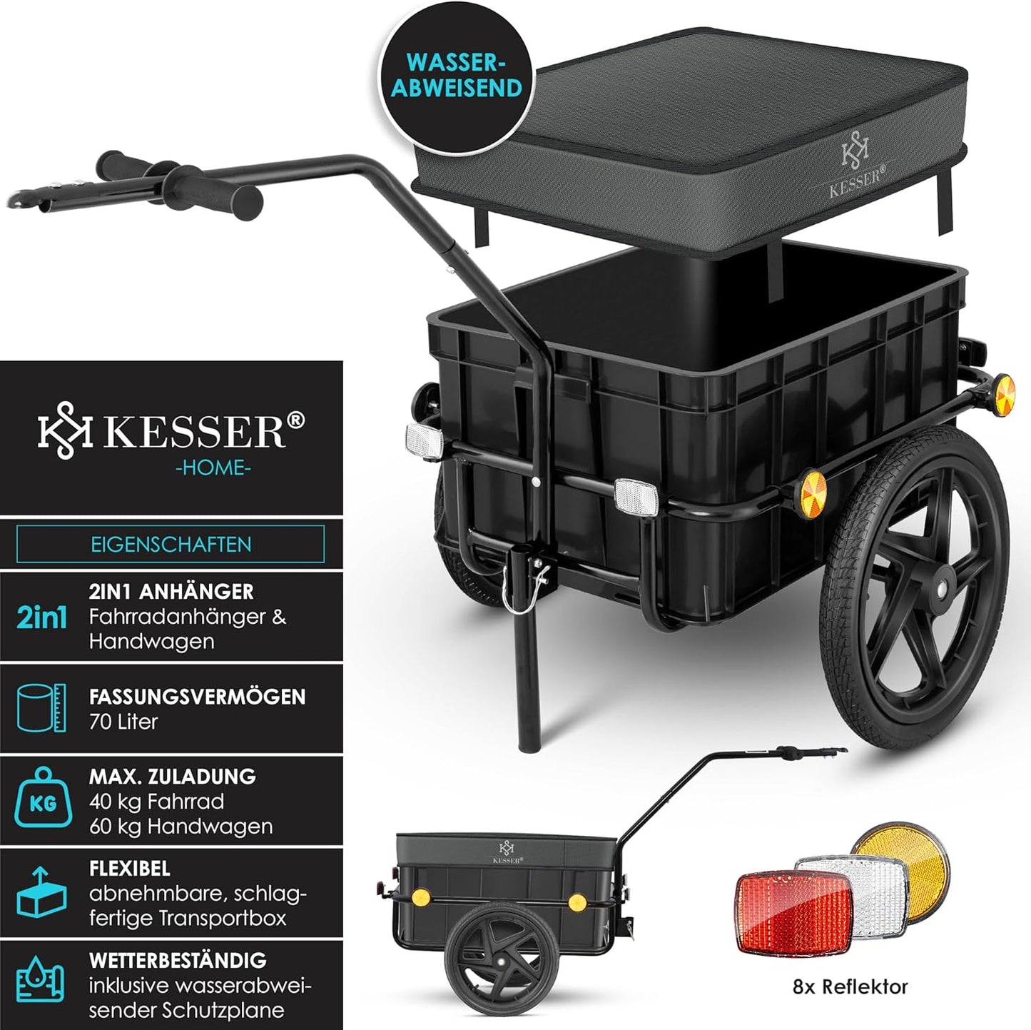 2-in-1 Fahrradanhänger und Handwagen mit Transportbox, Anthrazit