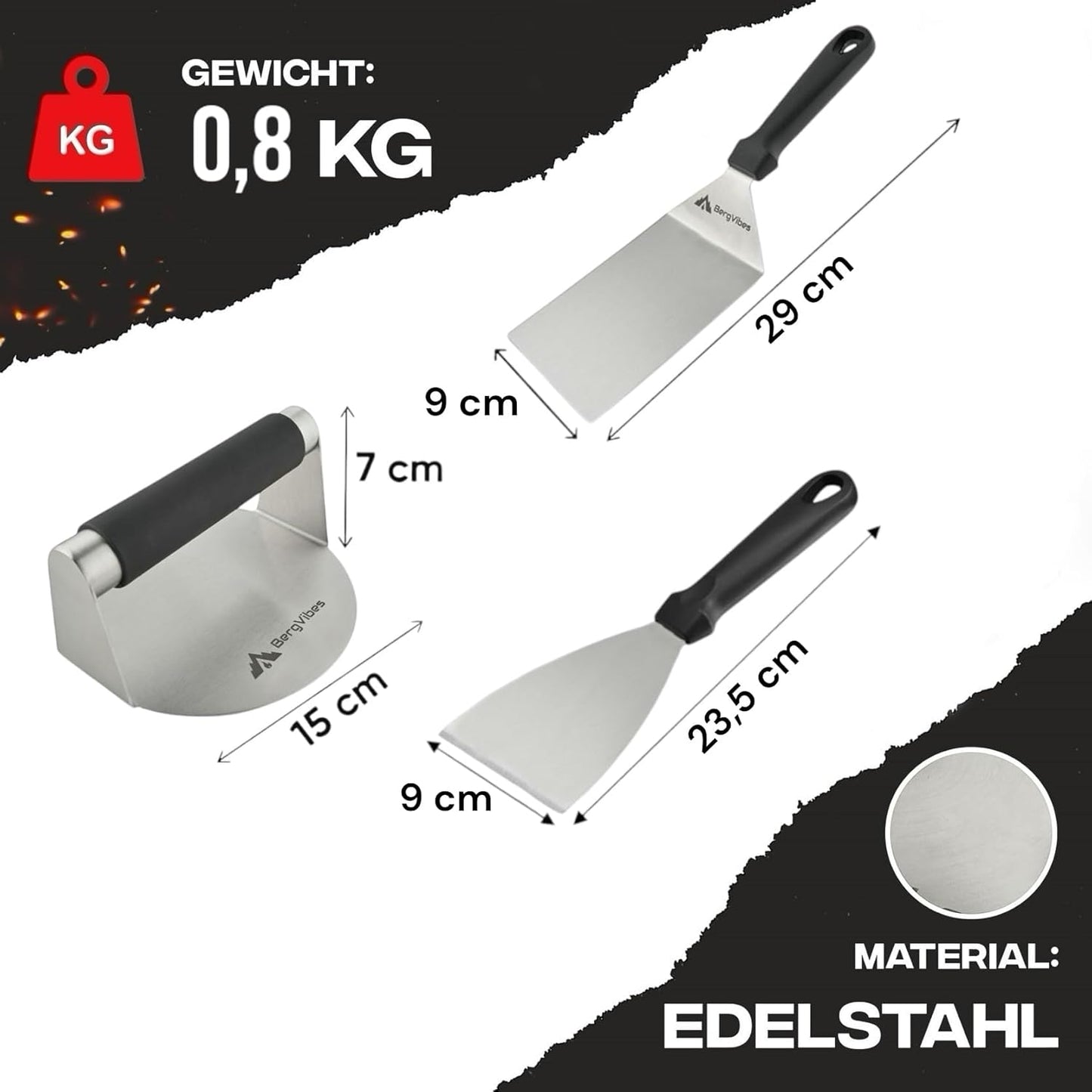 3-teiliges Smash Burger Set, Burgersmasher, Grillwender, Grillspachtel, 3tlg.
