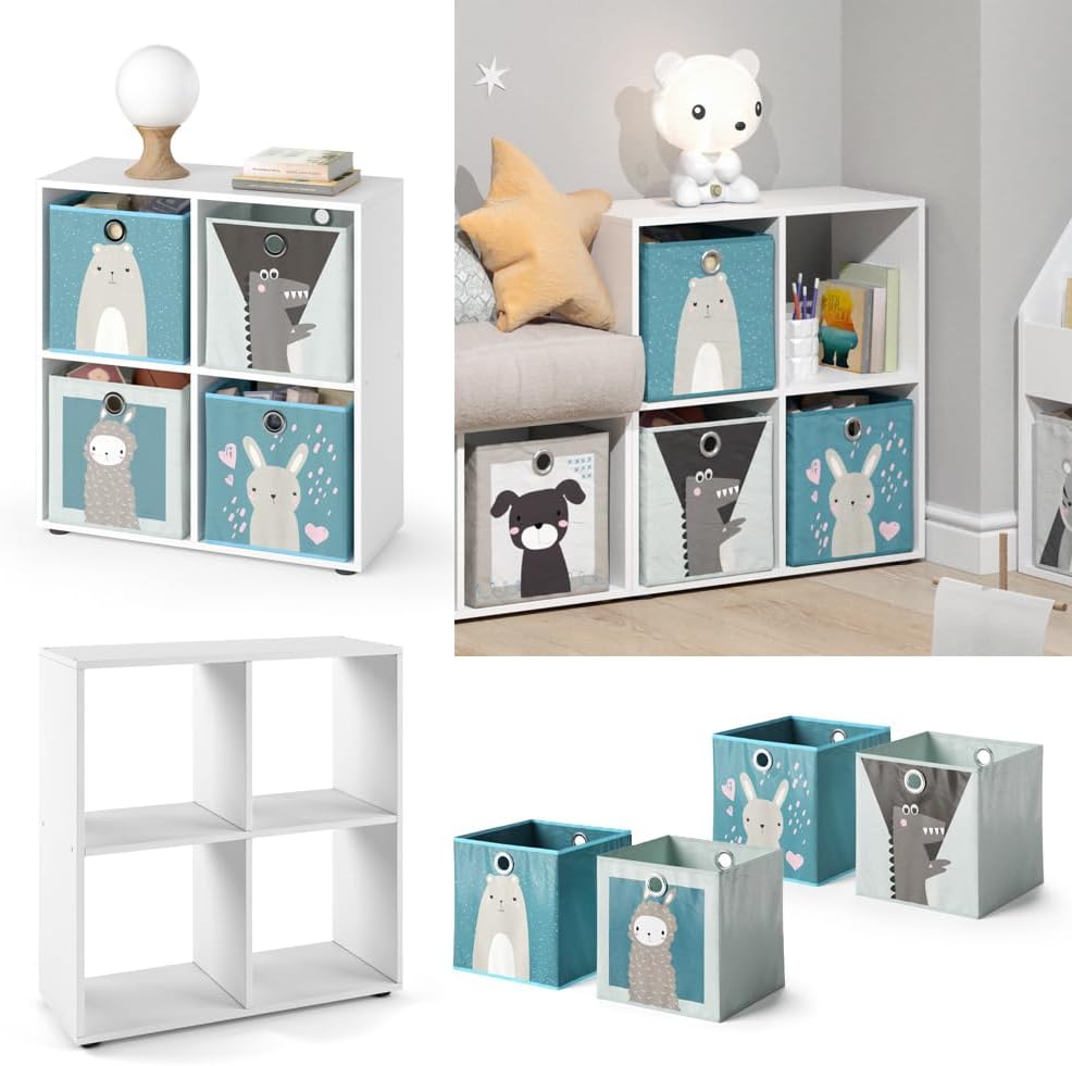 Kinderregal Tetra, Weiß 4 Fächer Faltboxen: grau, blau