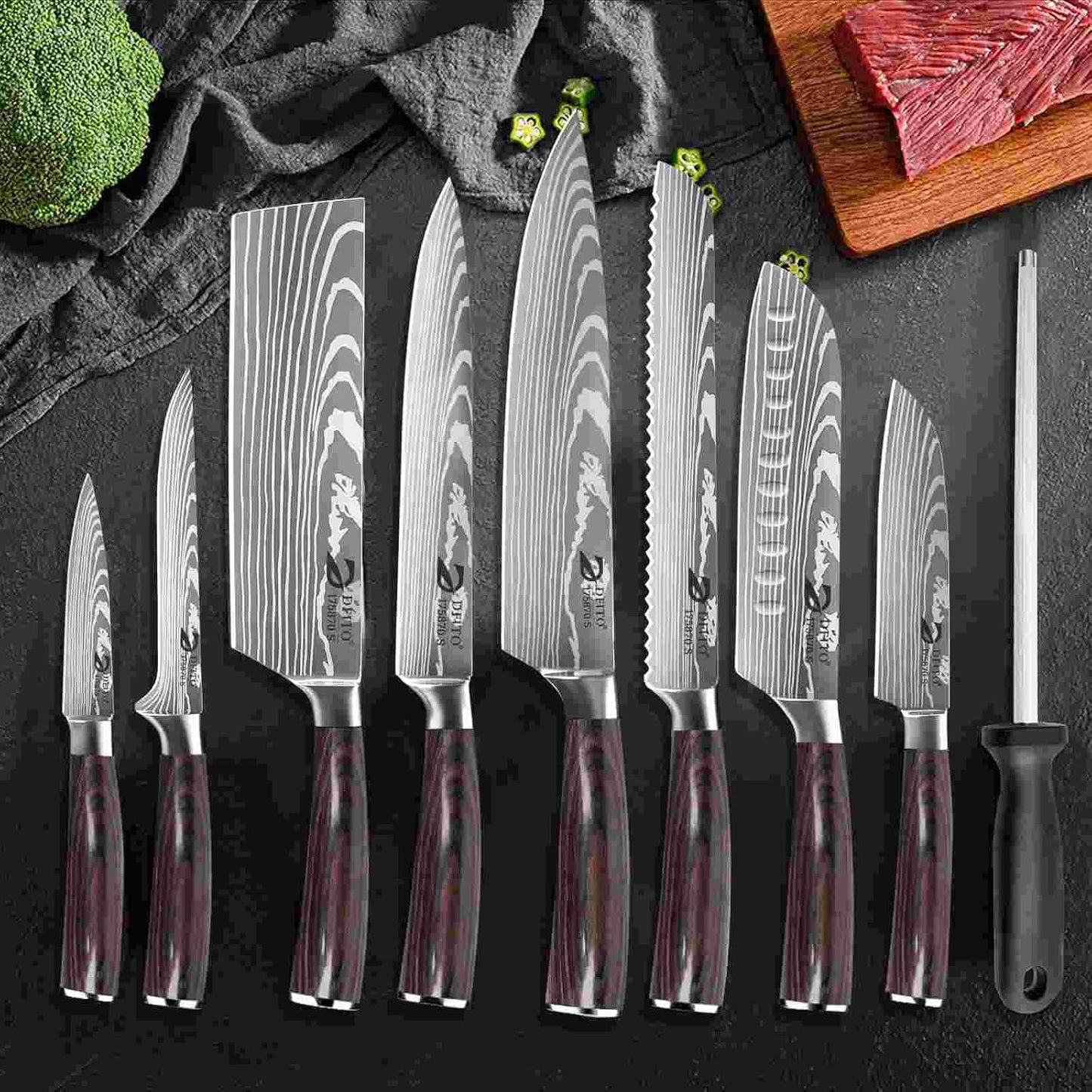 Küchenmesser-Set inkl. Wetzstahl, Messerscheiden und Tragetasche, Roter Griff