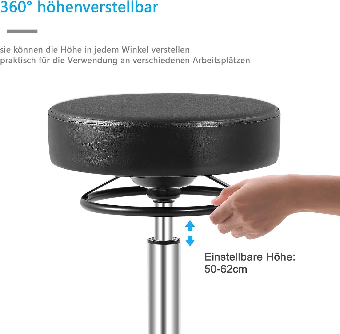 Höhenverstellbarer Hocker mit Rollen (bis 180 kg), Schwarz