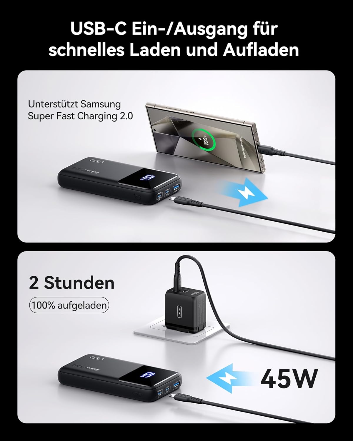 Powerbank 20000mAh, Klassische Grösse ; Schwarz