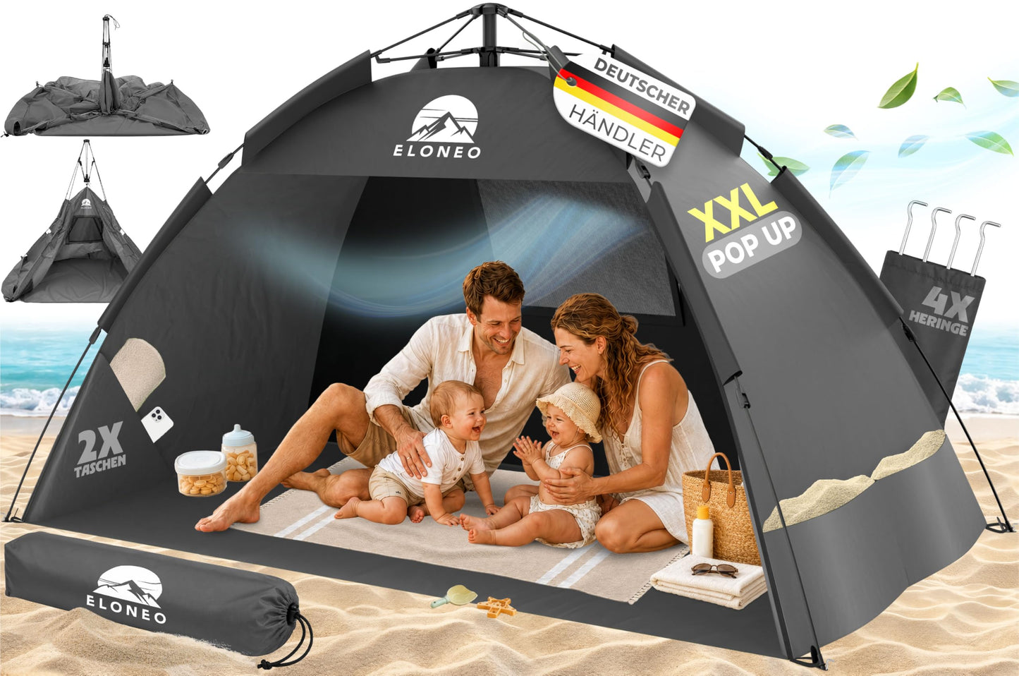 Pop Up Strandmuschel UV Schutz XXL 220x150x130 cm, Grau 220 x 150 x 130 cm
