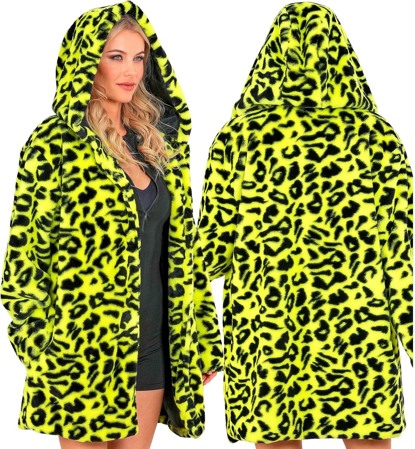 Neon Gelber Animalier Leopardenmuster Plüschmantel mit Kapuze, XXL Neon-gelb