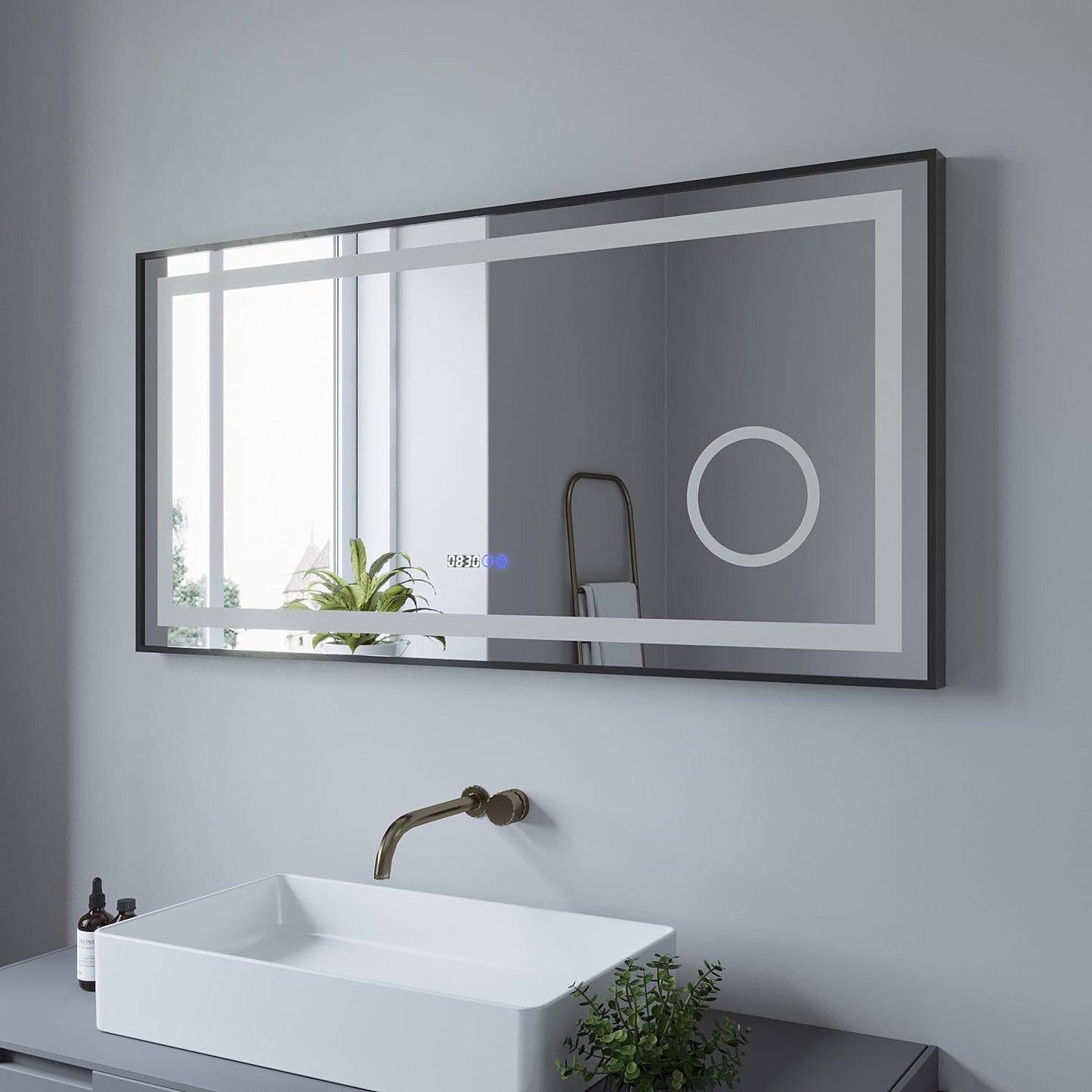 LED Badspiegel mit Beleuchtung und Digitaluhr 120x60 cm, 120x60cm Kaltweiß Uhr Schminkspiegel Sautens (Touch, Dimmbar, Heizung)