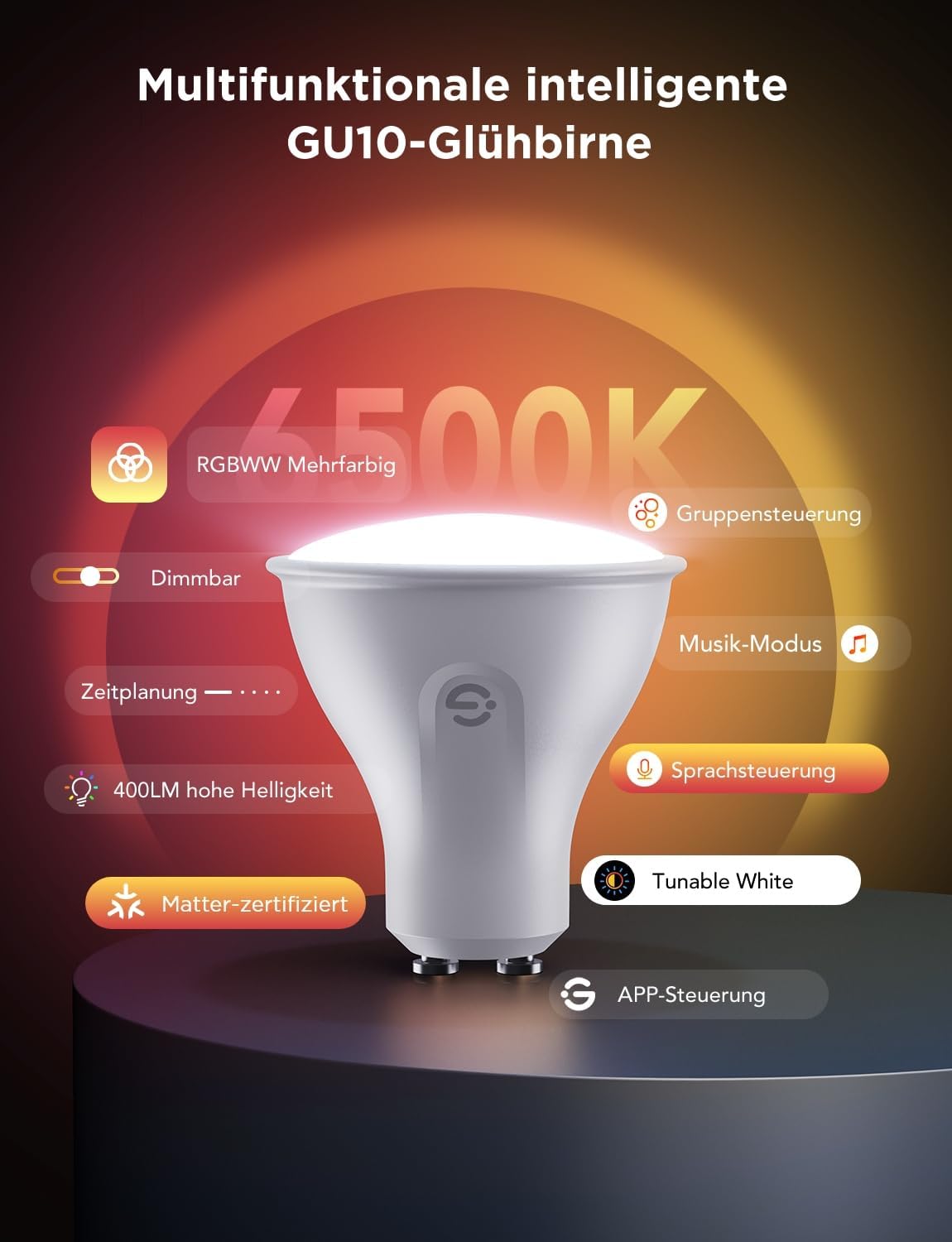 Smarte LED-Glühbirnen GU10 mit Musik-Synchronisierung, 4