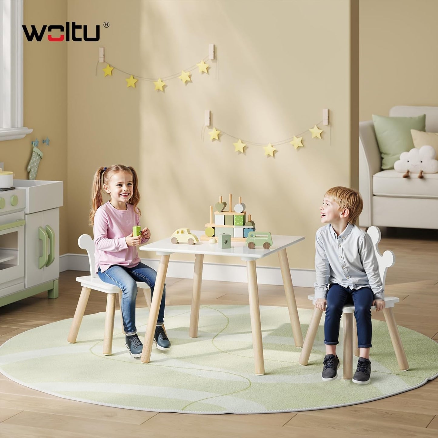 Kindertisch-Set mit 2 Stühlen, MDF/Massivholz, Quadratischen Tisch-1
