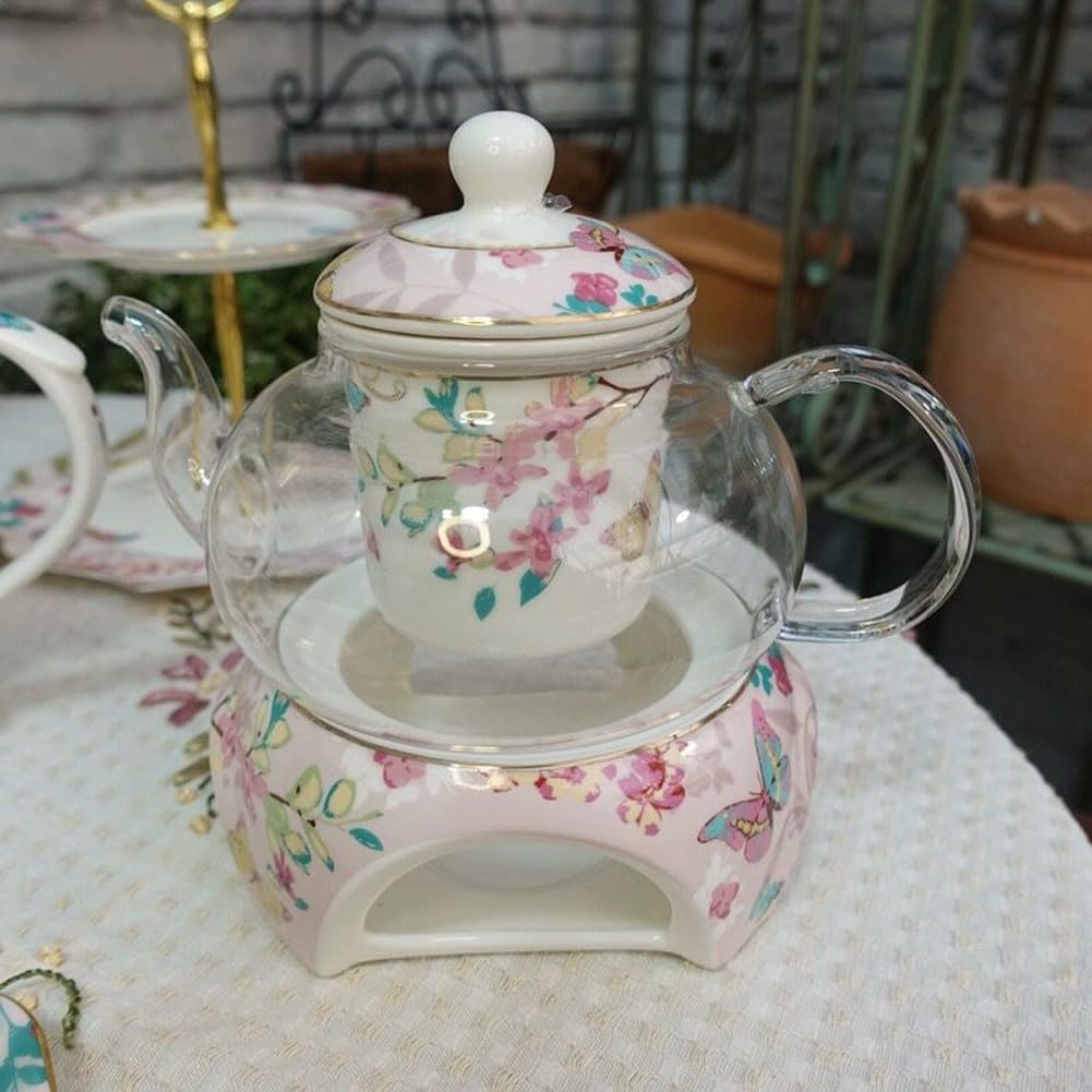 Teekanne mit Stövchen und Teesieb, Rosa
