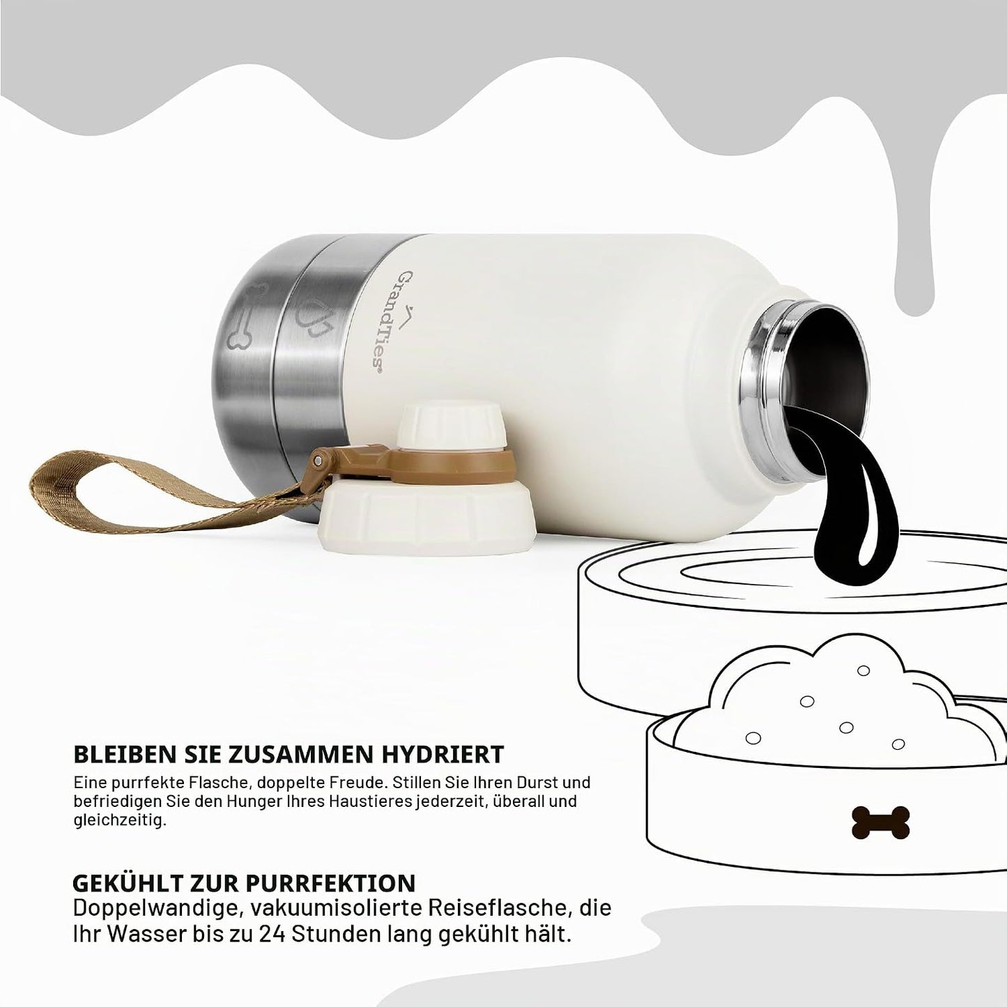 Hundewasserflasche mit 2 abnehmbaren Hundenapfspender, Ivory White Medium 32oz/950mL