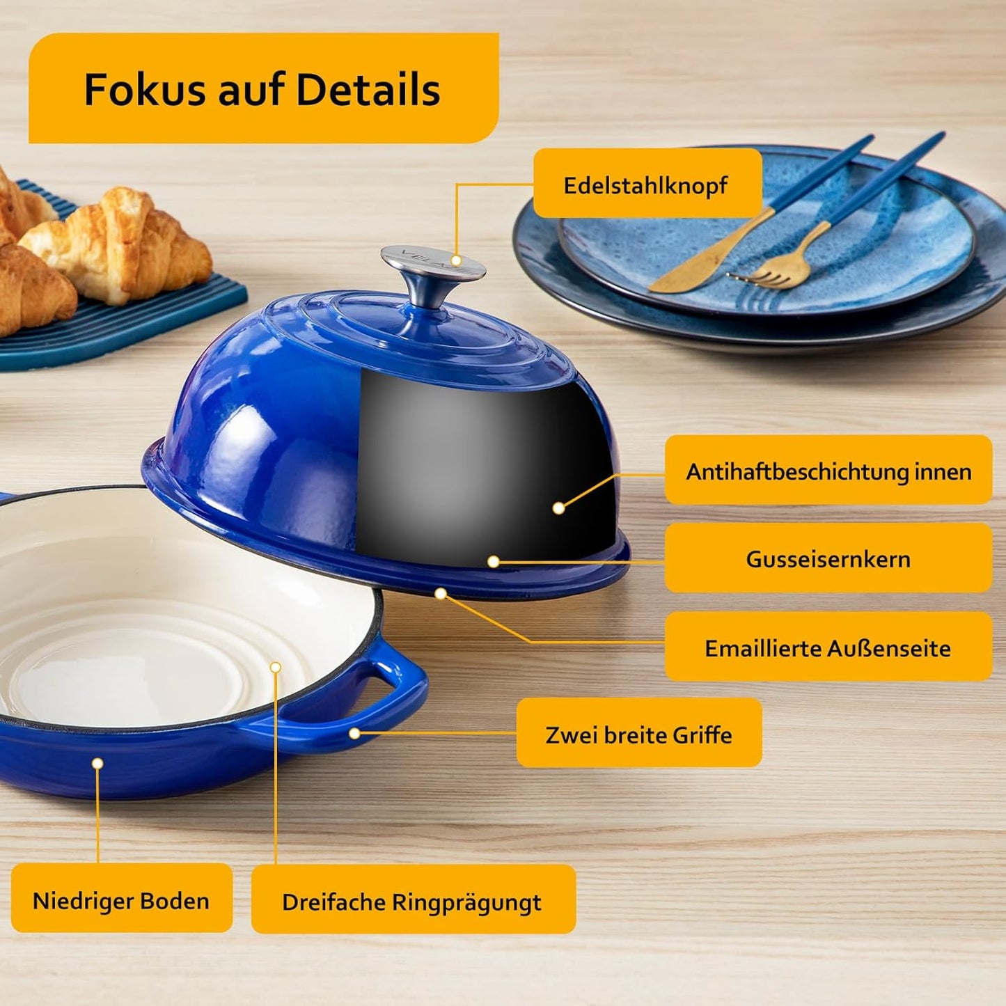 Gusseisen-Schmortopf, 4,8L, Blau